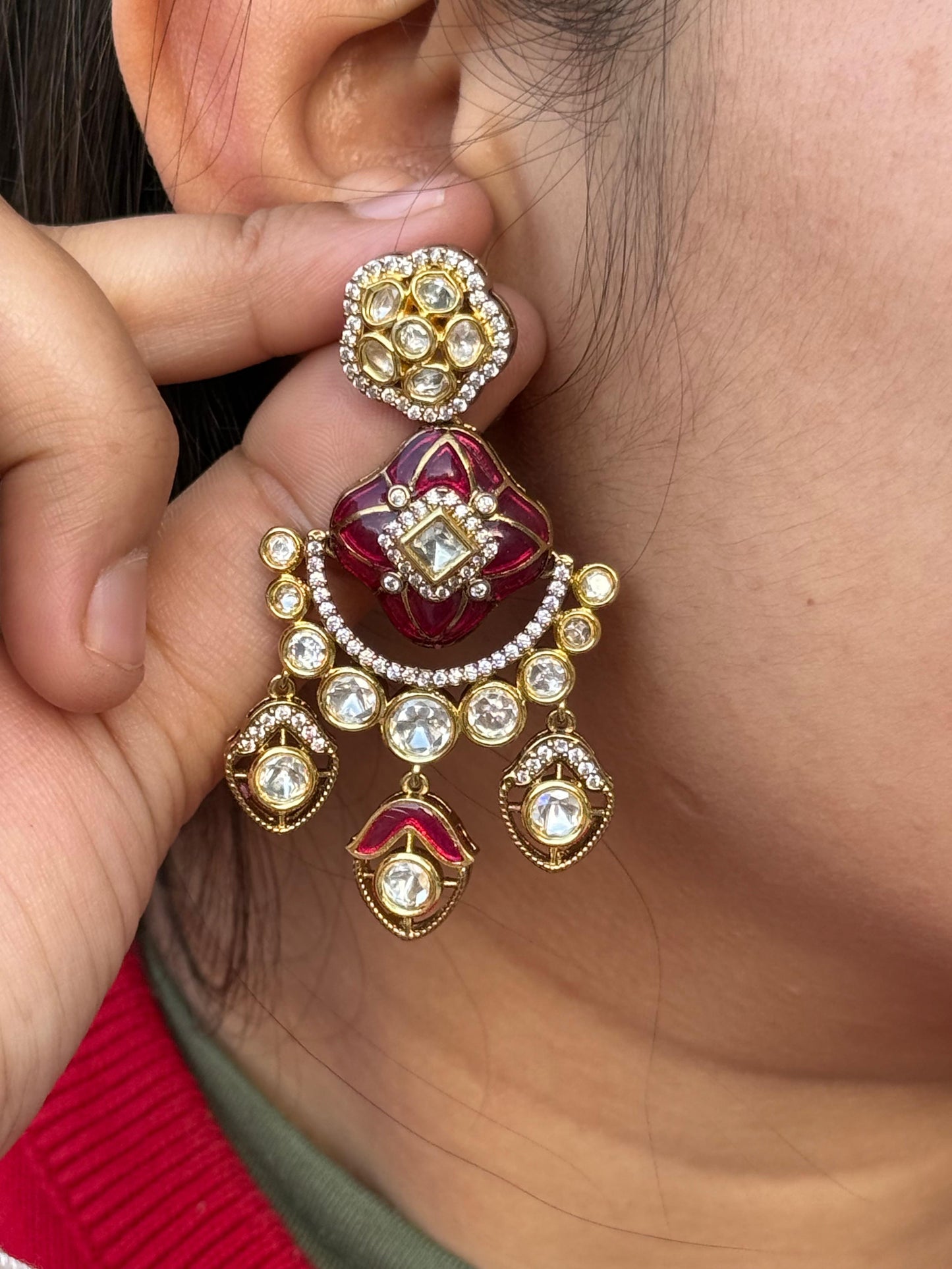 Enamelling With Mossanite Earring in red for woman