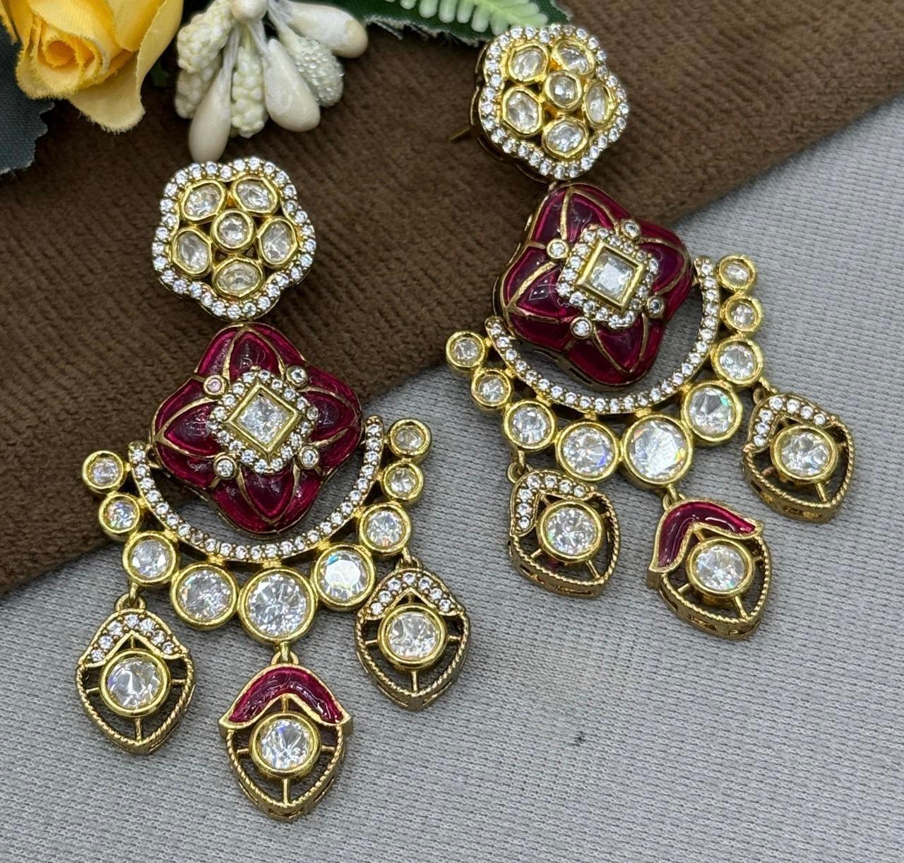 Enamelling With Mossanite Earring in red for woman