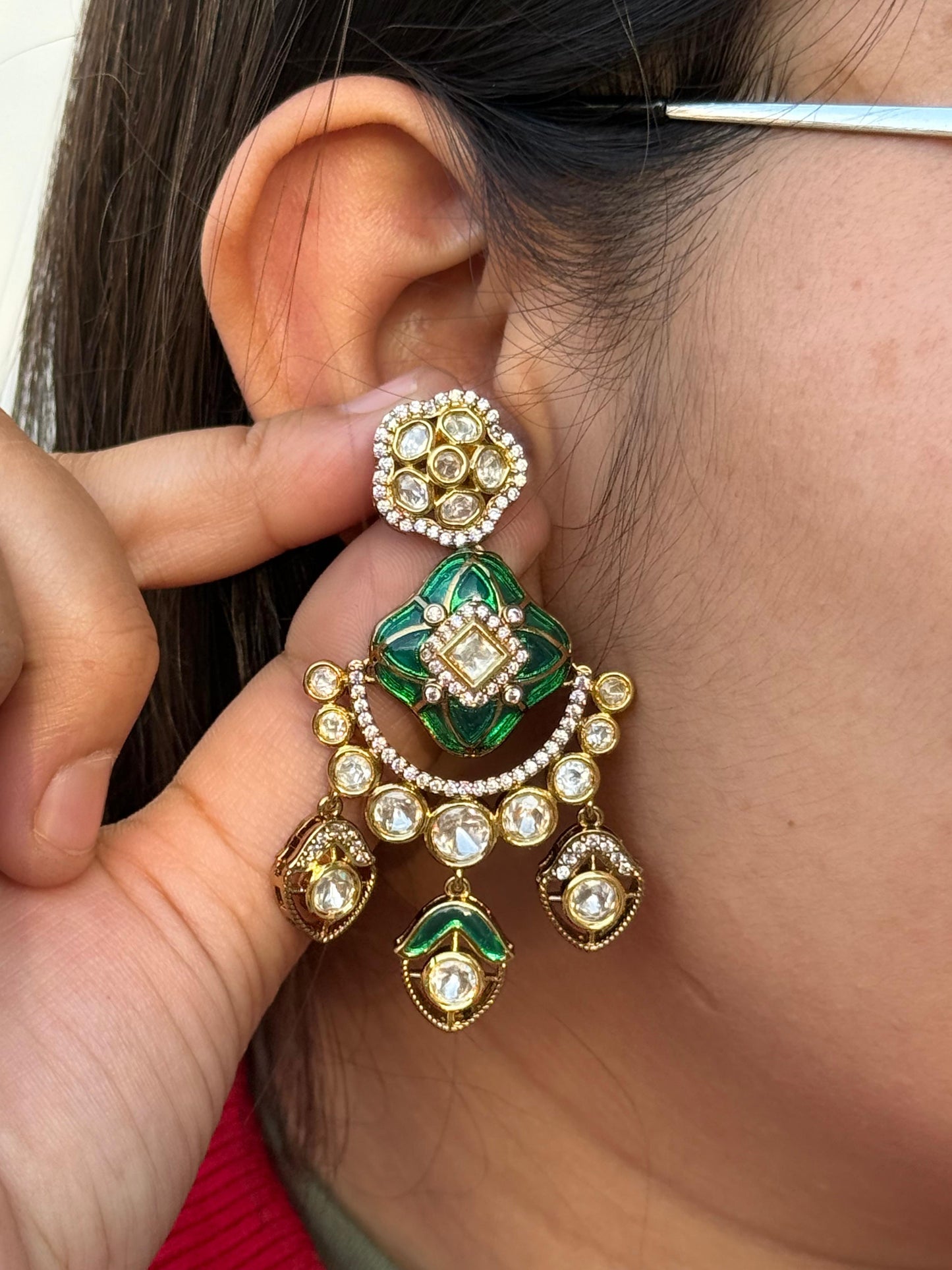 Enamelling With Mossanite Earring in green for woman