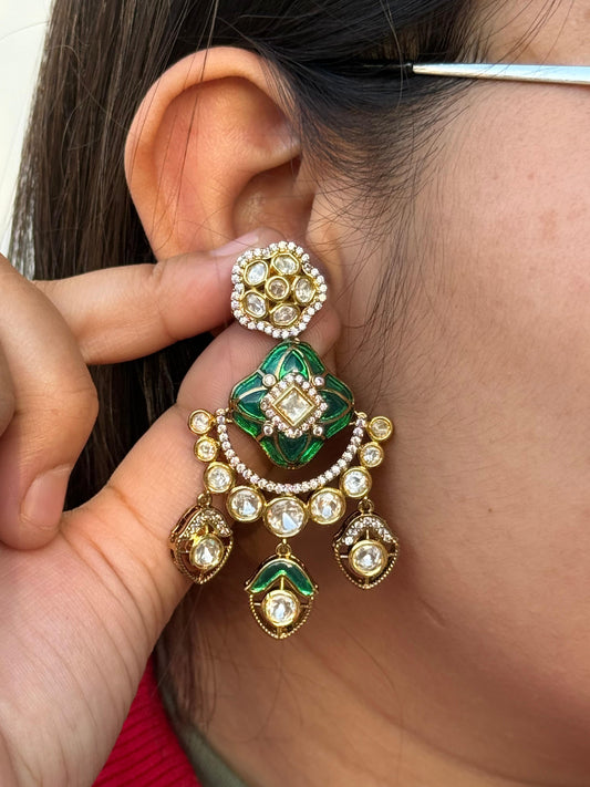 Enamelling With Mossanite Earring in green for woman