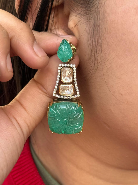 Carved Stone With Mossanite Earring in green for woman