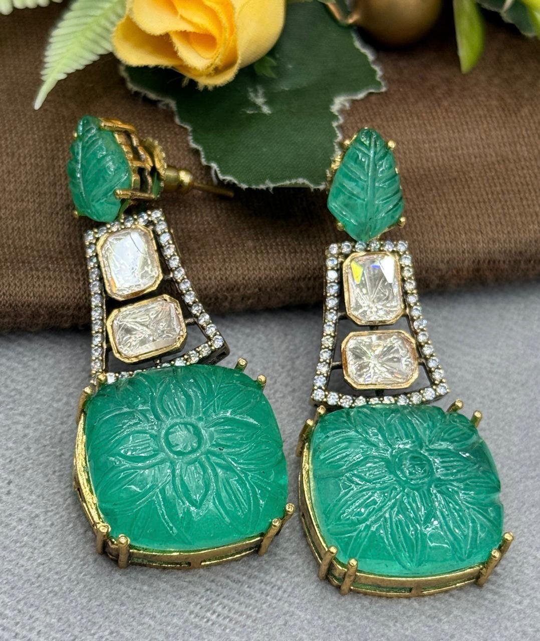 Carved Stone With Mossanite Earring in green for woman