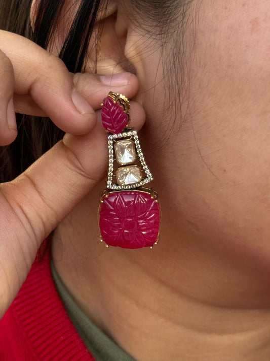 Carved Stone With Mossanite Earring in red for woman