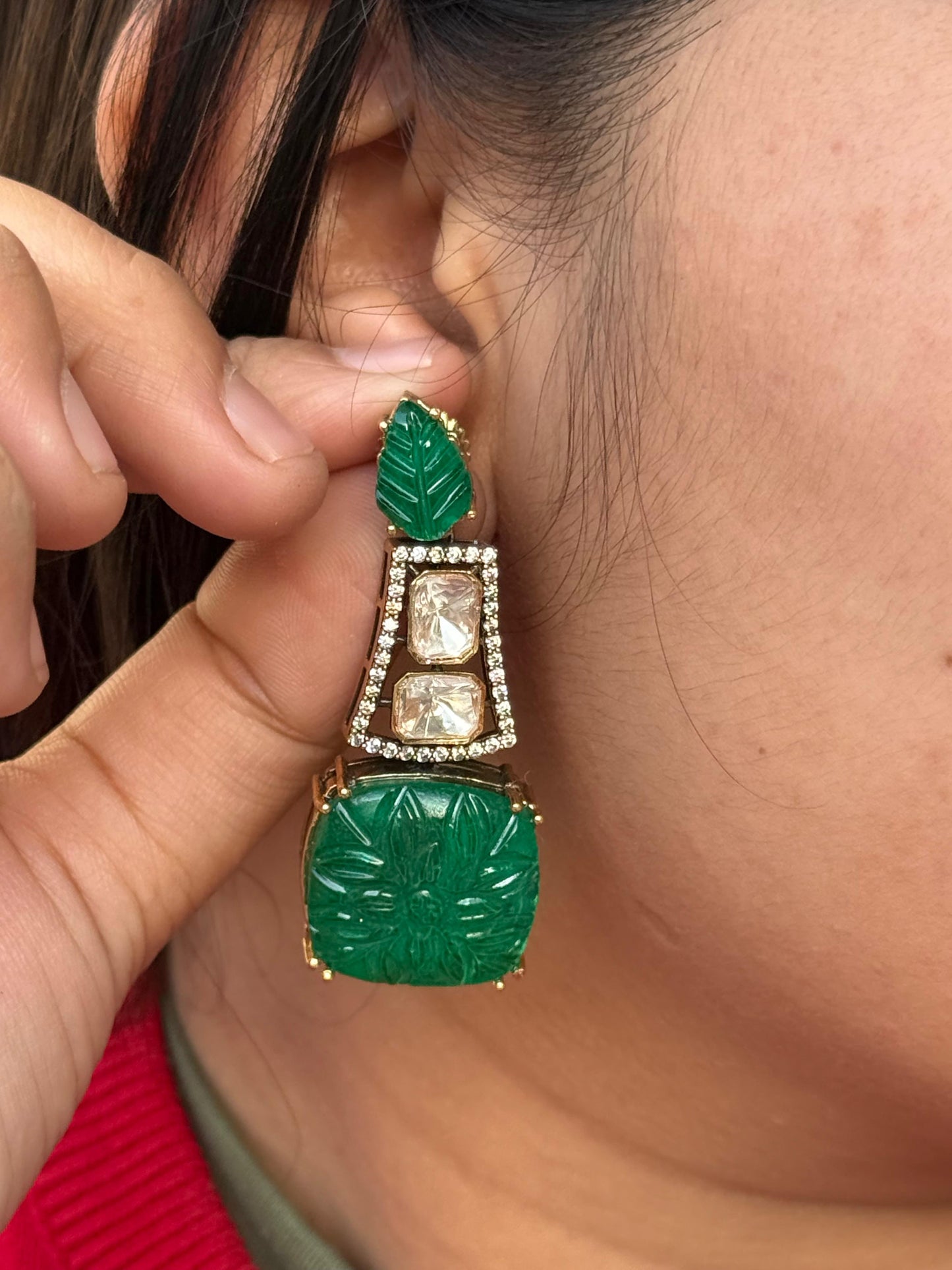 Carved Stone With Mossanite Earring in green for woman