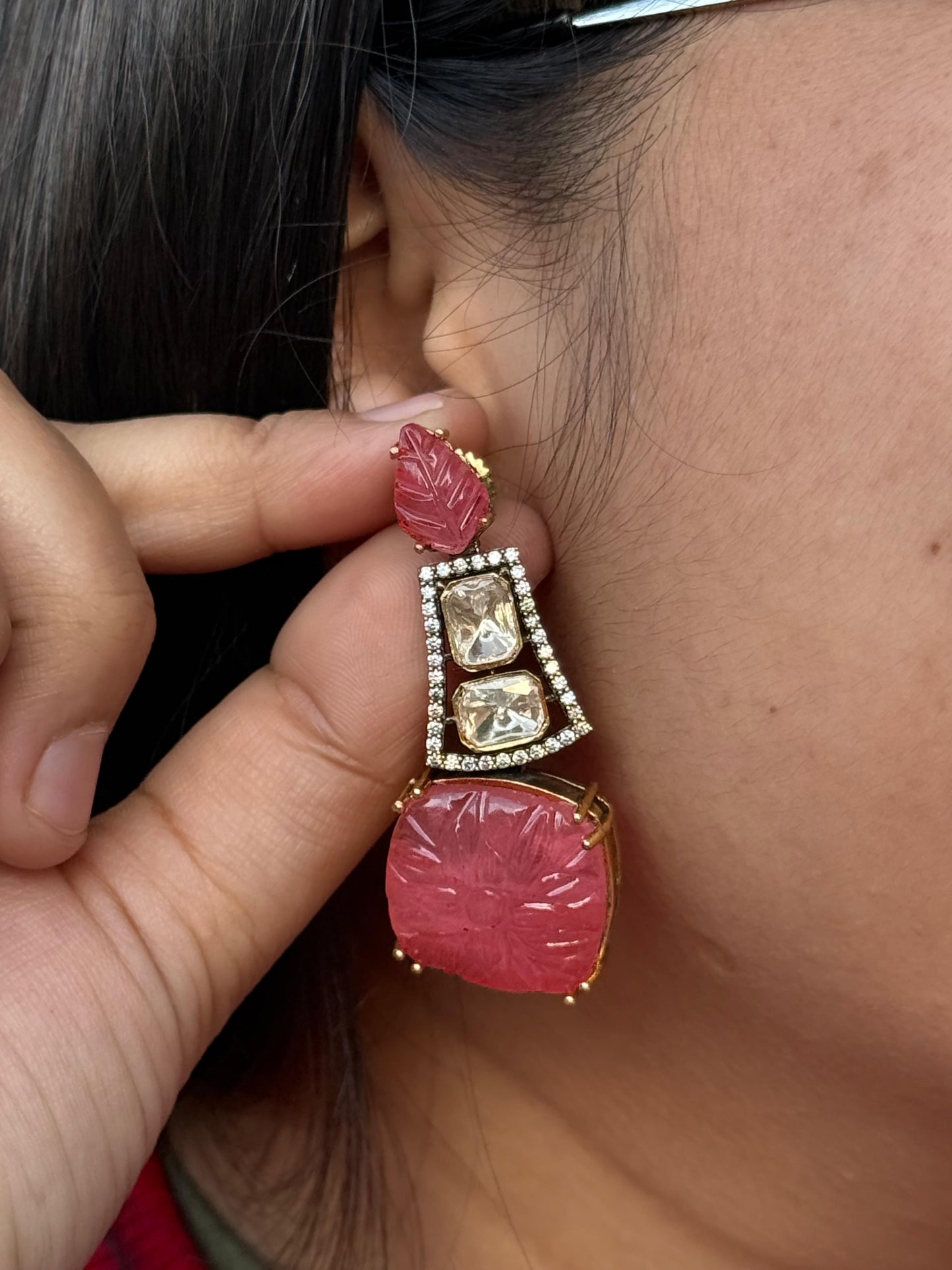 Carved Stone With Mossanite Earring in Peach for woman