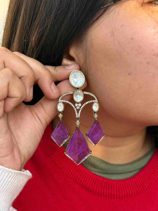 Long Earrings with Doublets In Mossanite in Purple  for woman