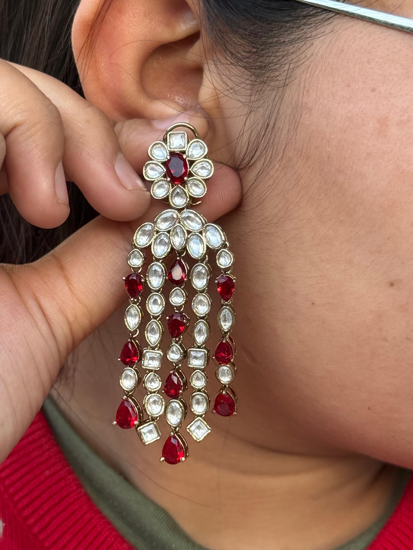 Three Layer Mossanite With Kemp Stones Earring in red for woman