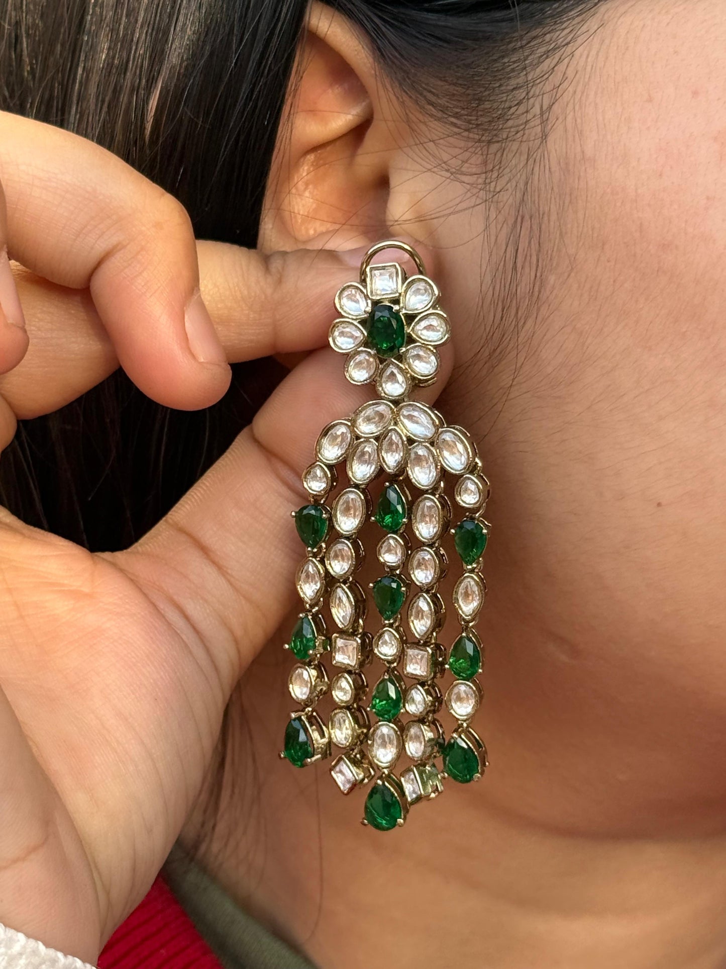 Three Layer Mossanite With Kemp Stones Earring in green for woman