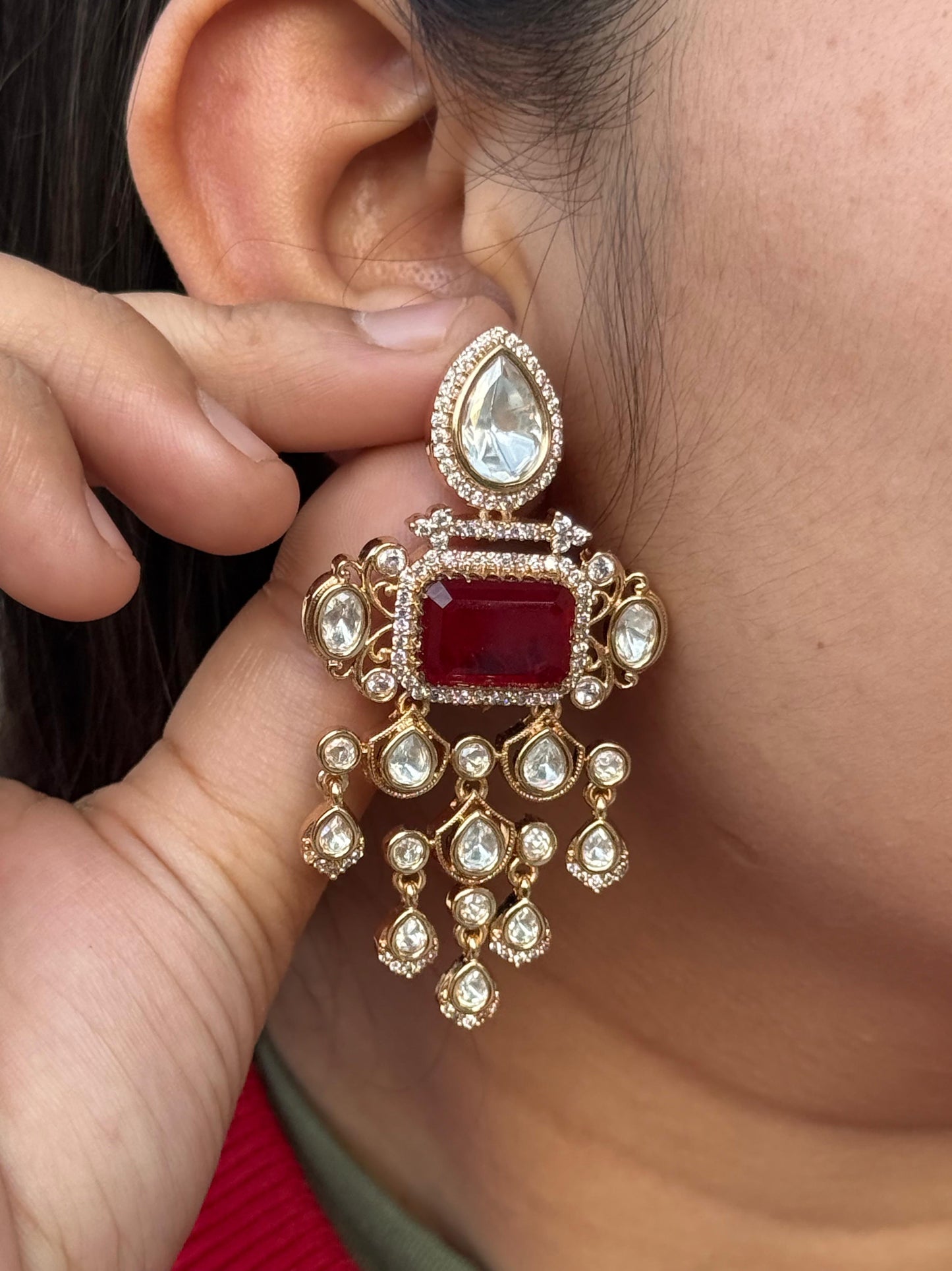 Mossanite Hnaging With Doublet Stone Earring in red for woman