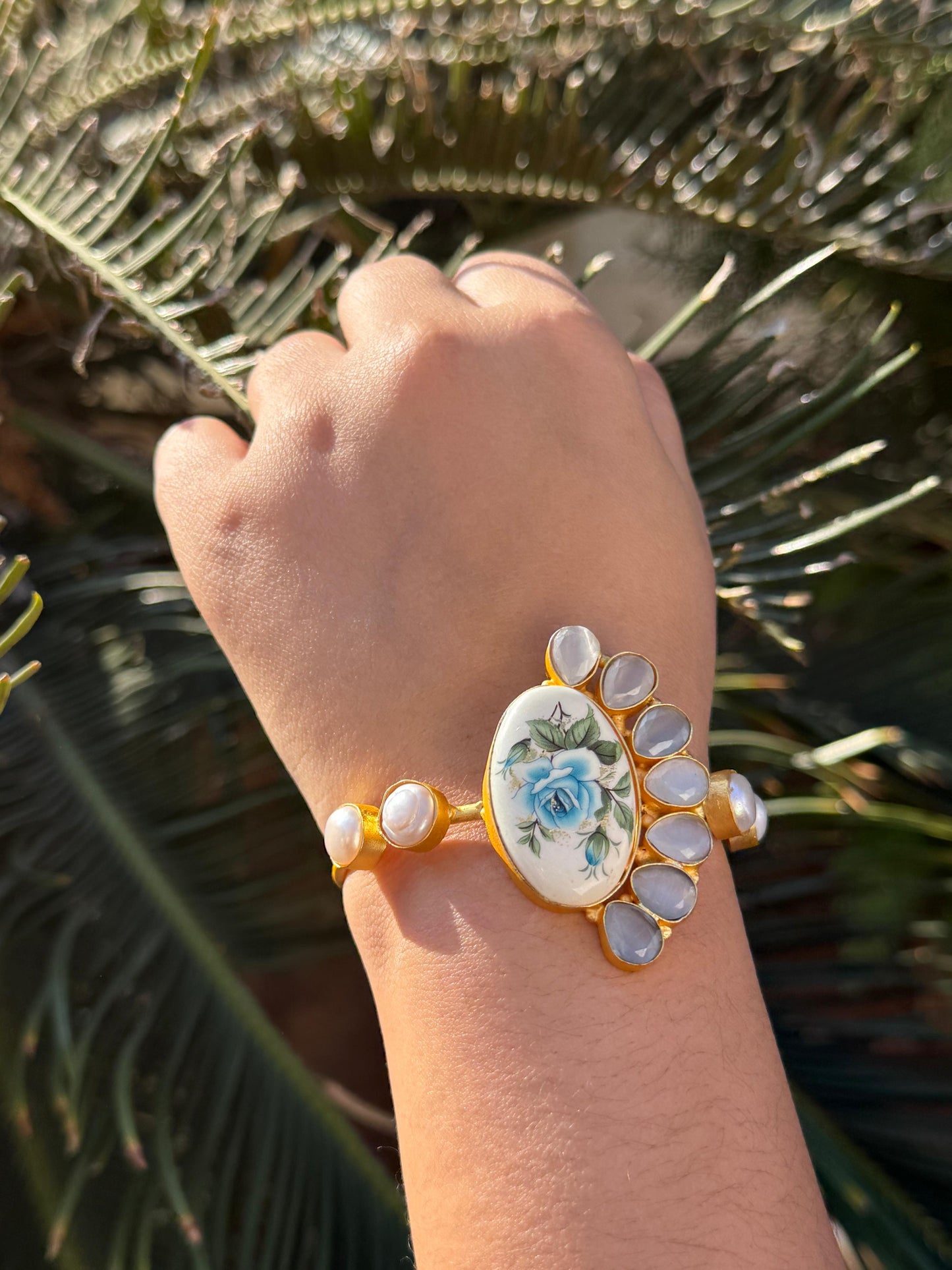 Hand painted Hand cuff Bracelet in blue for women
