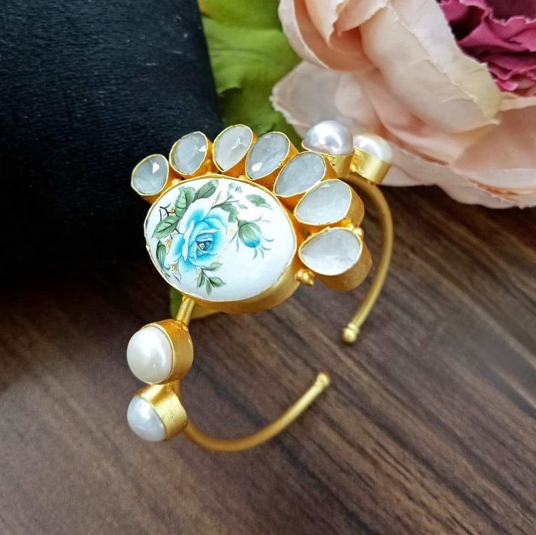 Hand painted Hand cuff Bracelet in blue for women