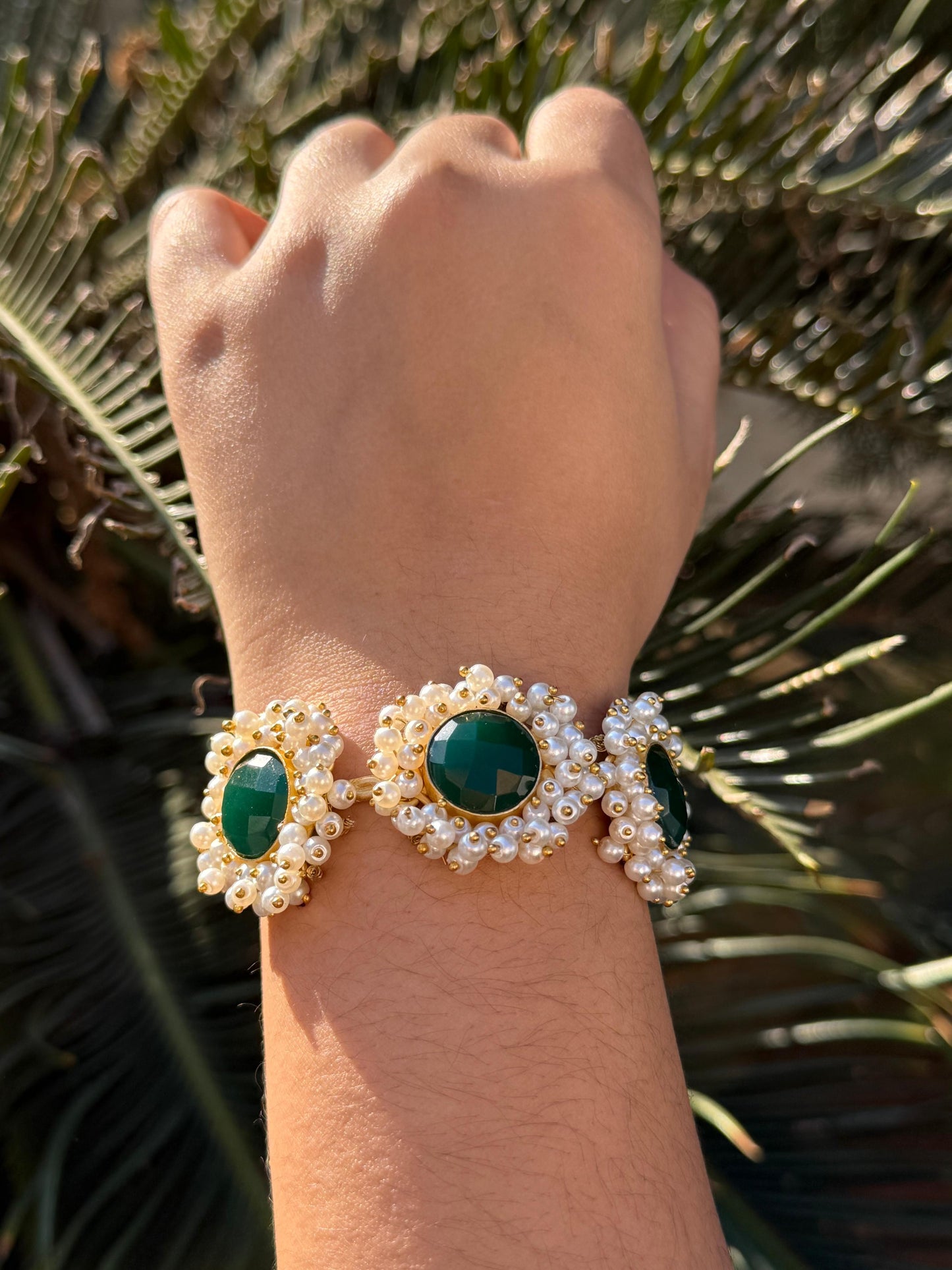 Round Hand Cuff With Pearls in Green for women