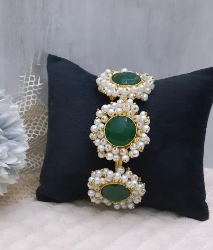 Round Hand Cuff With Pearls in Green for women