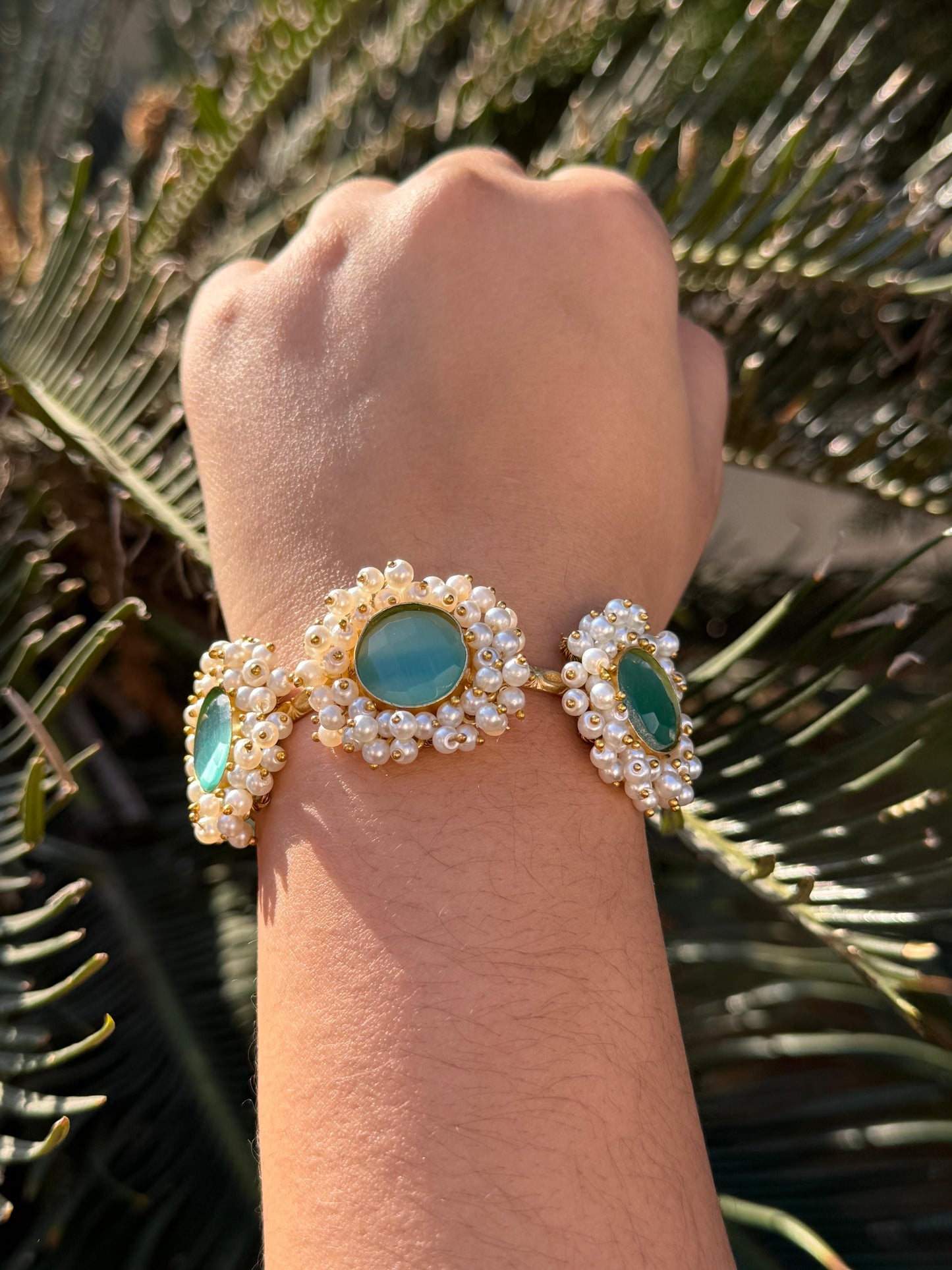 Round Hand Cuff With Pearls in Blue for women