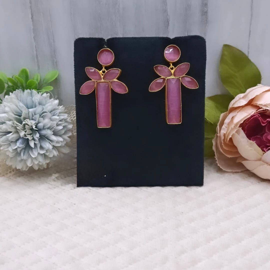 handmade gemstone gold plated pink earring for woman