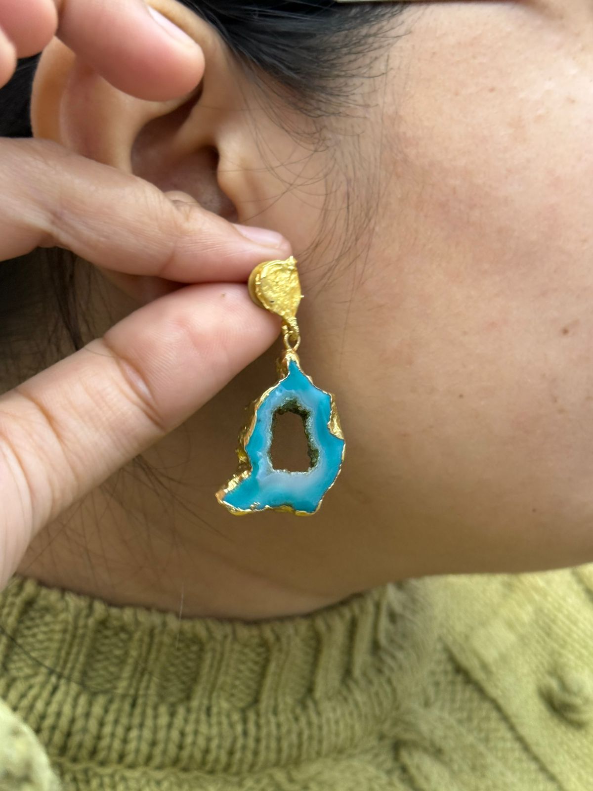 solar slice earring blue geode gold plated gemstone earring for woman