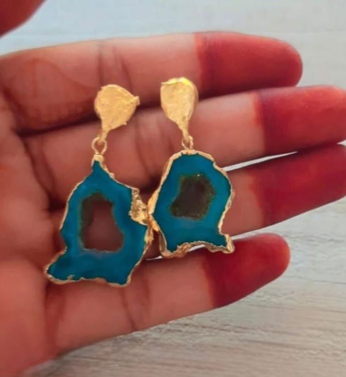 solar slice earring blue geode gold plated gemstone earring for woman