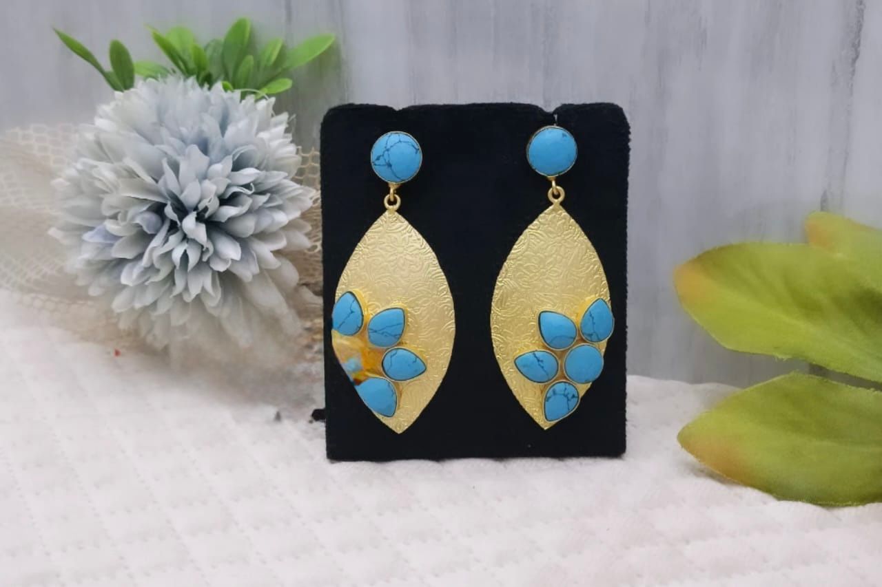 golden and teal brass light weight blue earring for woman