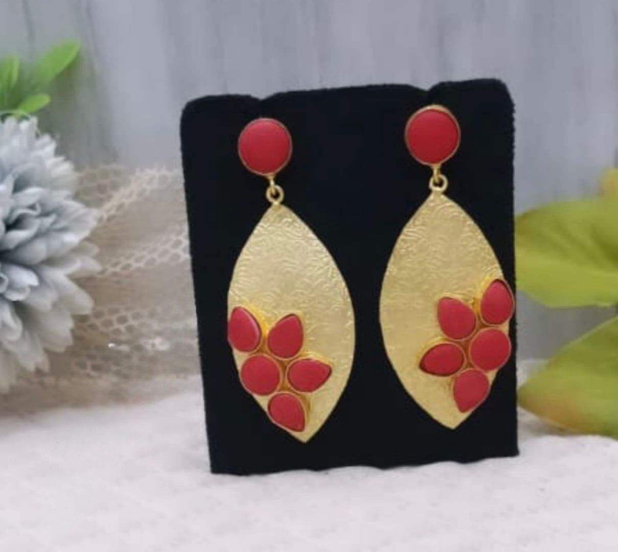 golden and teal brass light weight red earring for woman