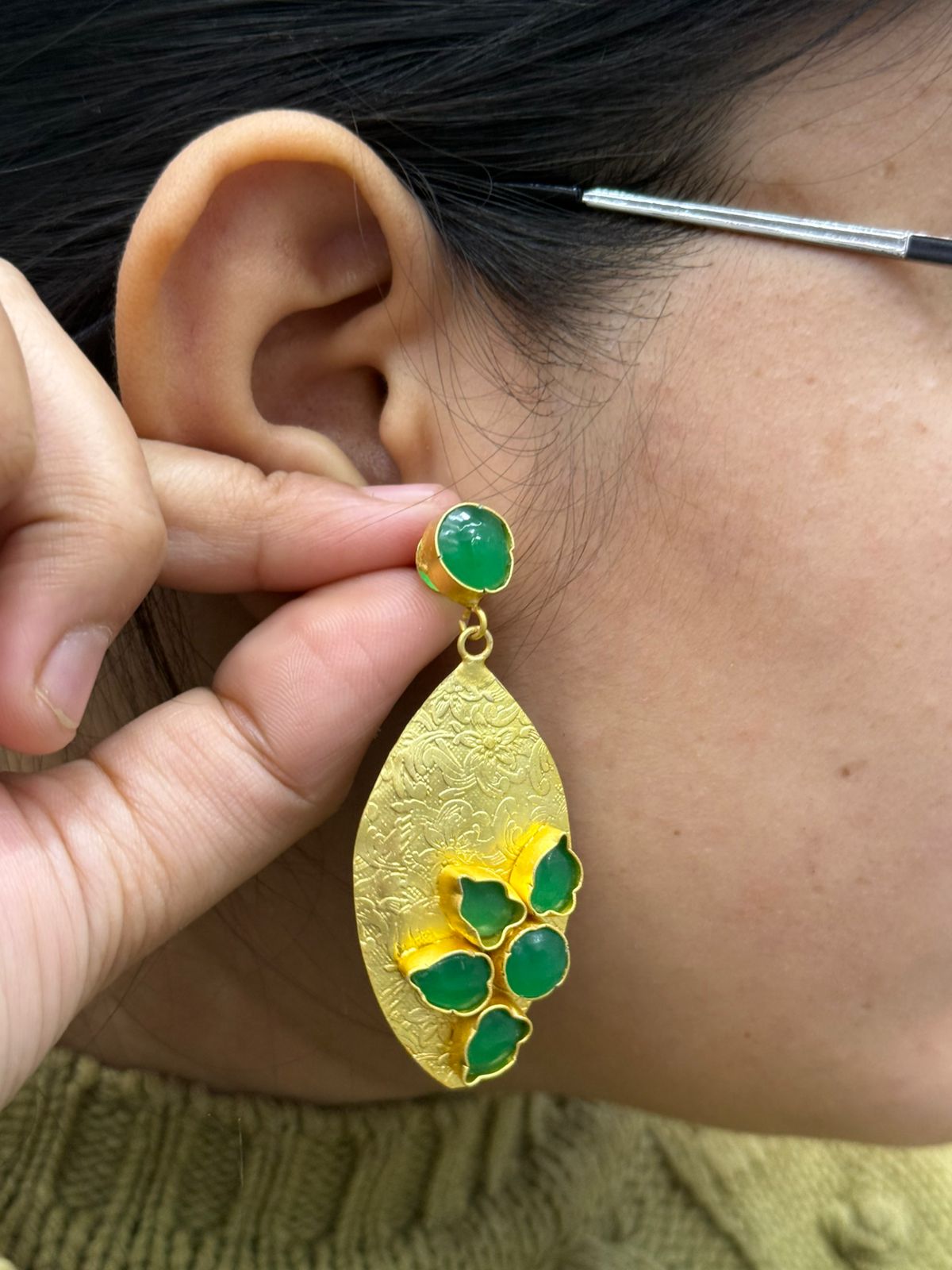 golden and teal brass light weight green earring for woman