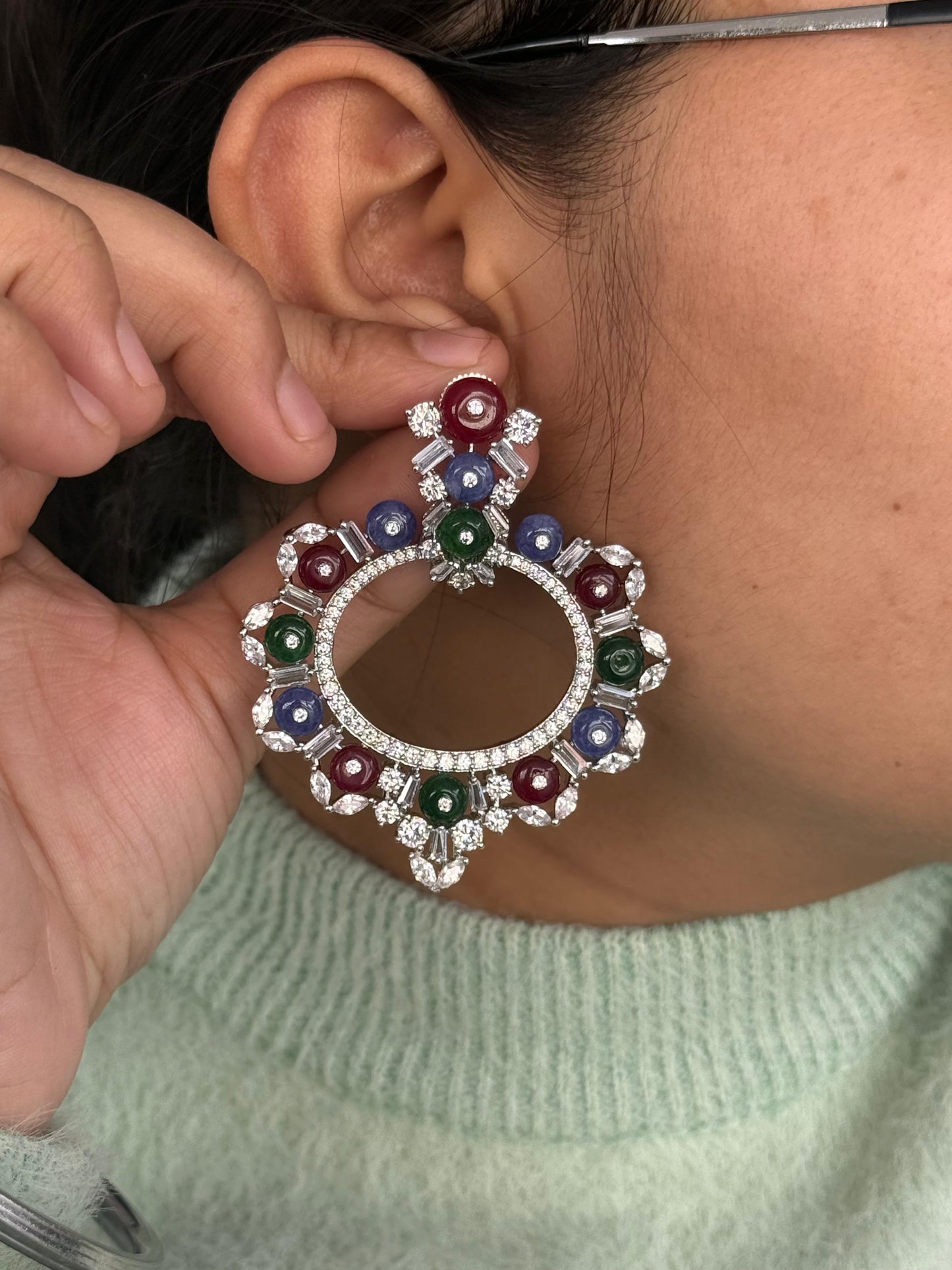 Blue & Green Stone Vintage Circle Hoop Earrings