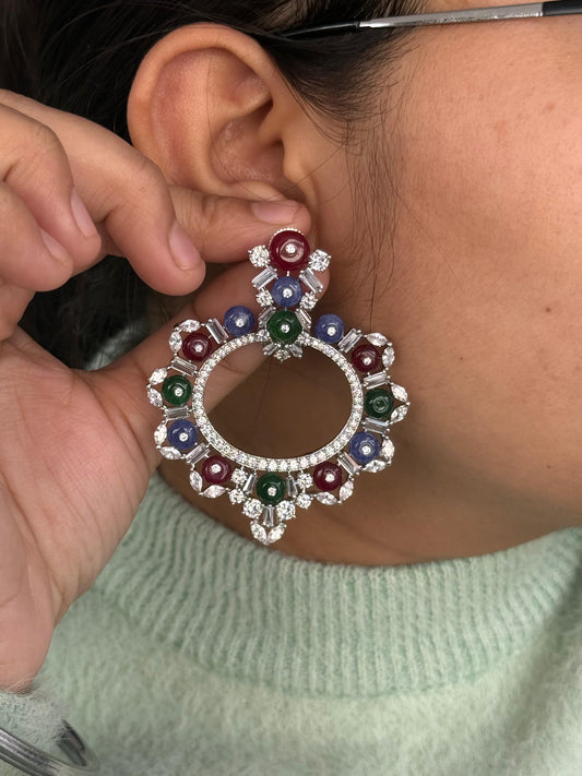 Blue & Green Stone Vintage Circle Hoop Earrings