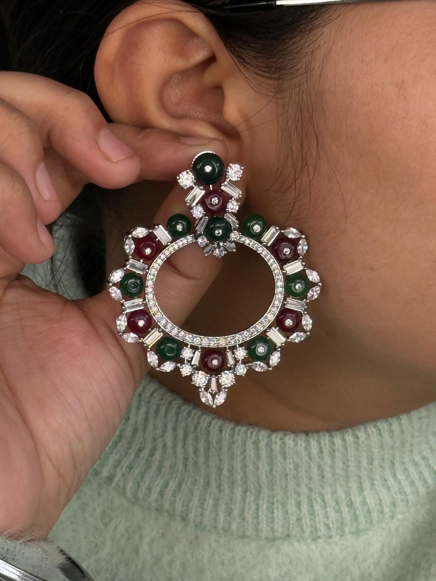 Red & Green Stone Vintage Circle Hoop Earrings