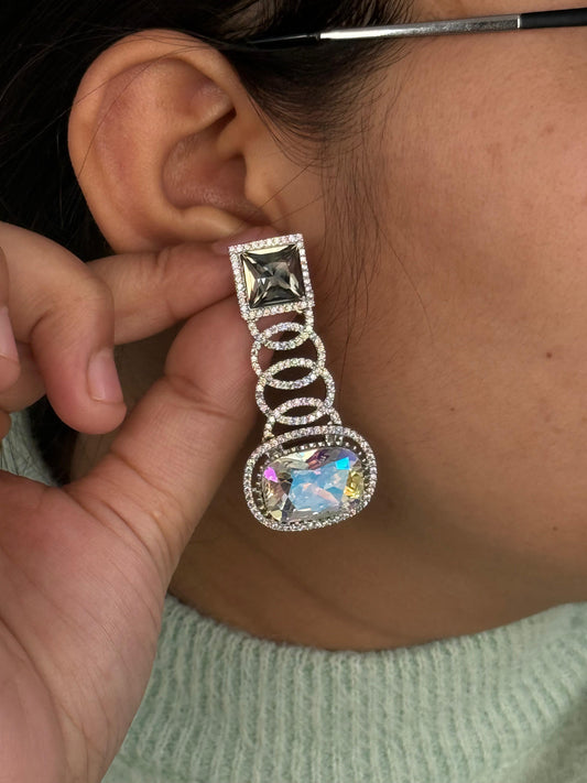 Elegant Rainbow Crystal & Grey CZ Stone Drop Earrings