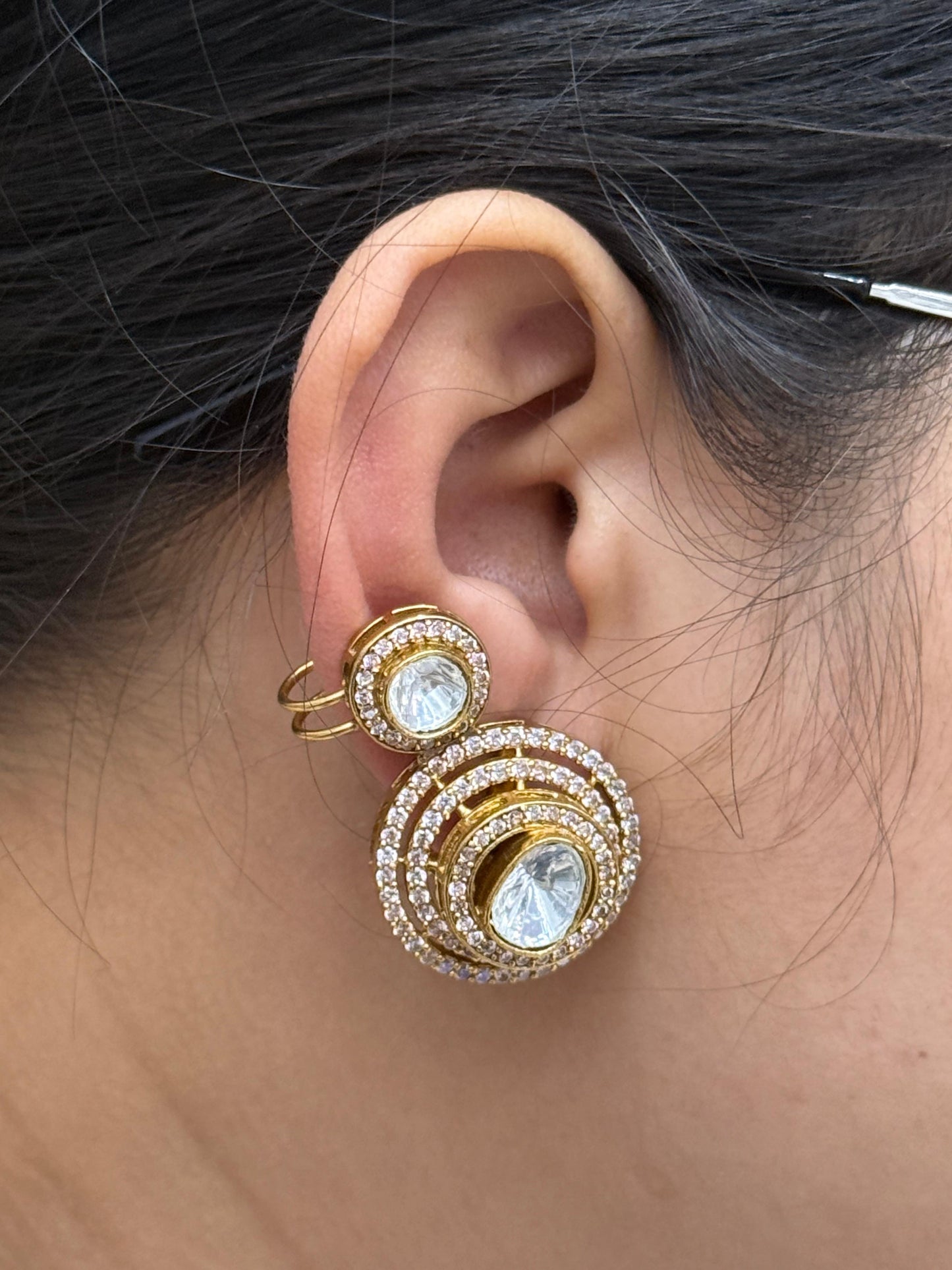 Polki With Side CZ Kundan Earrings in gold for woman