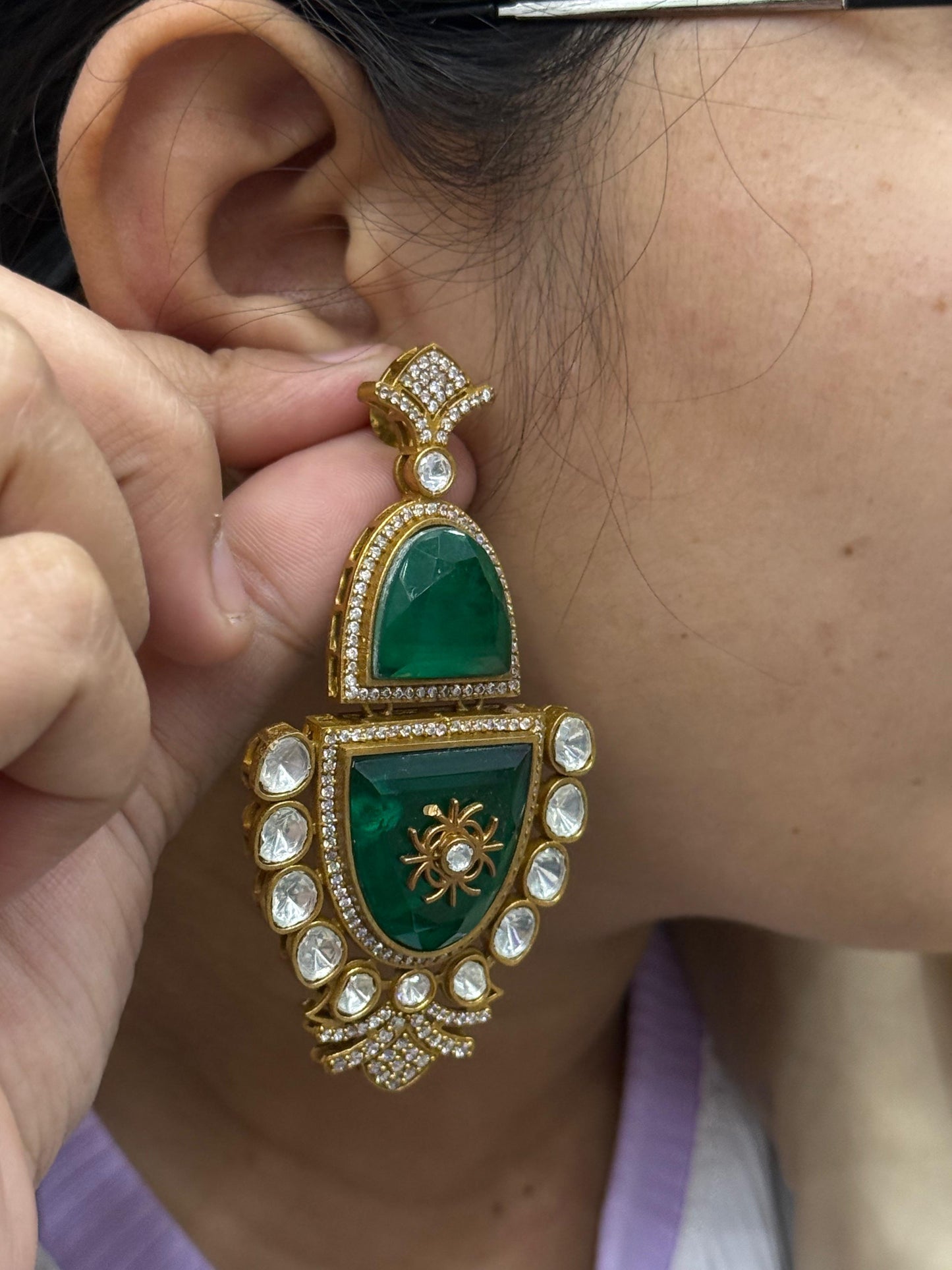Long Earring With Mossanites  in green for woman