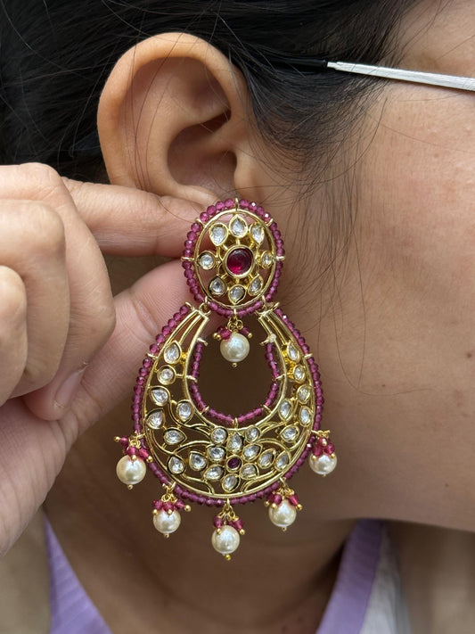 Kundan Earring With Semi Precious Beading in pink for woman