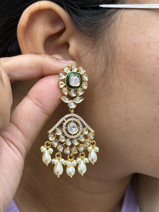 Pearl Hanging Kundan Earring  in green for woman