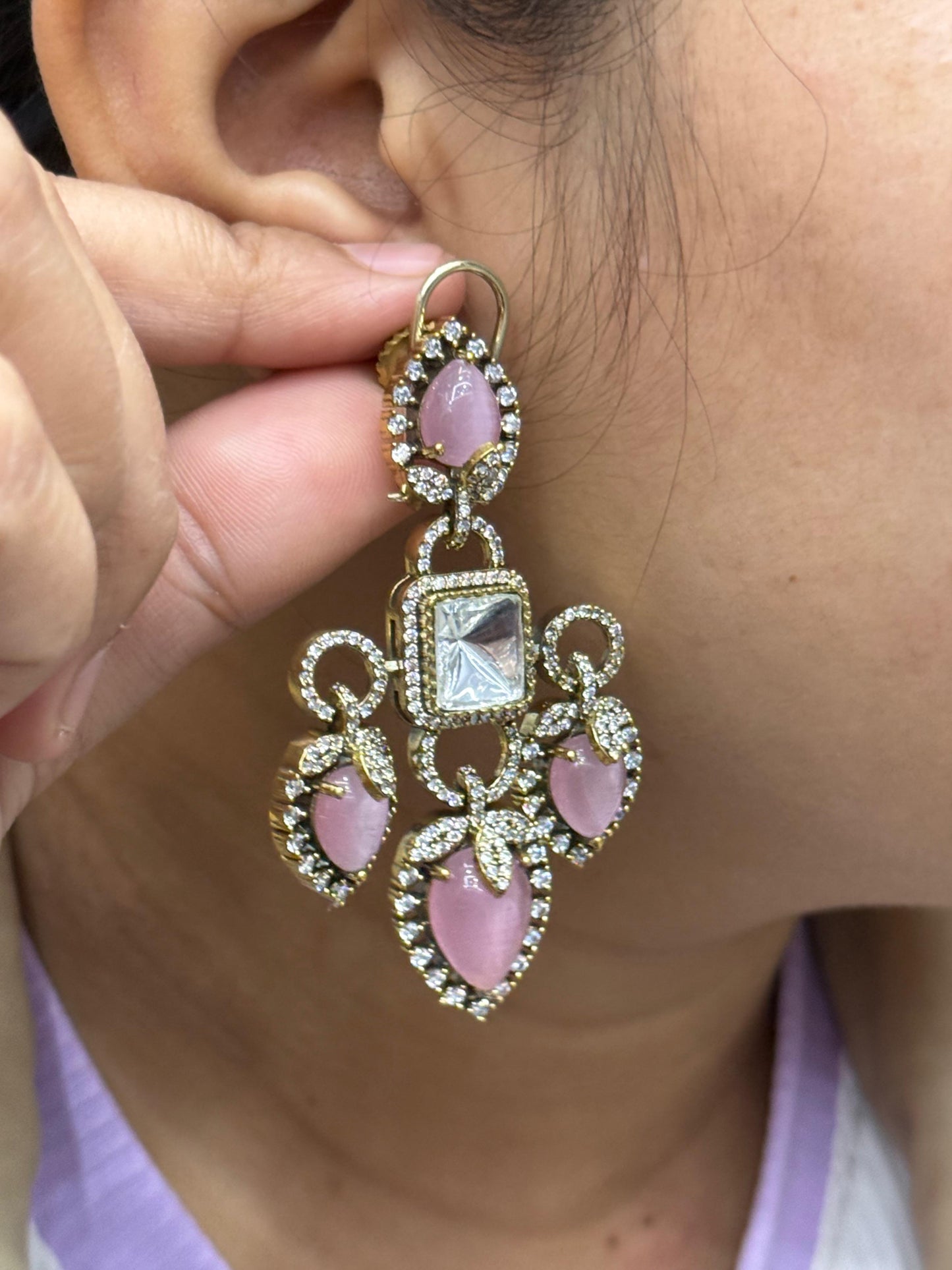 Carved Stones With Mossanite Earring in pink for woman