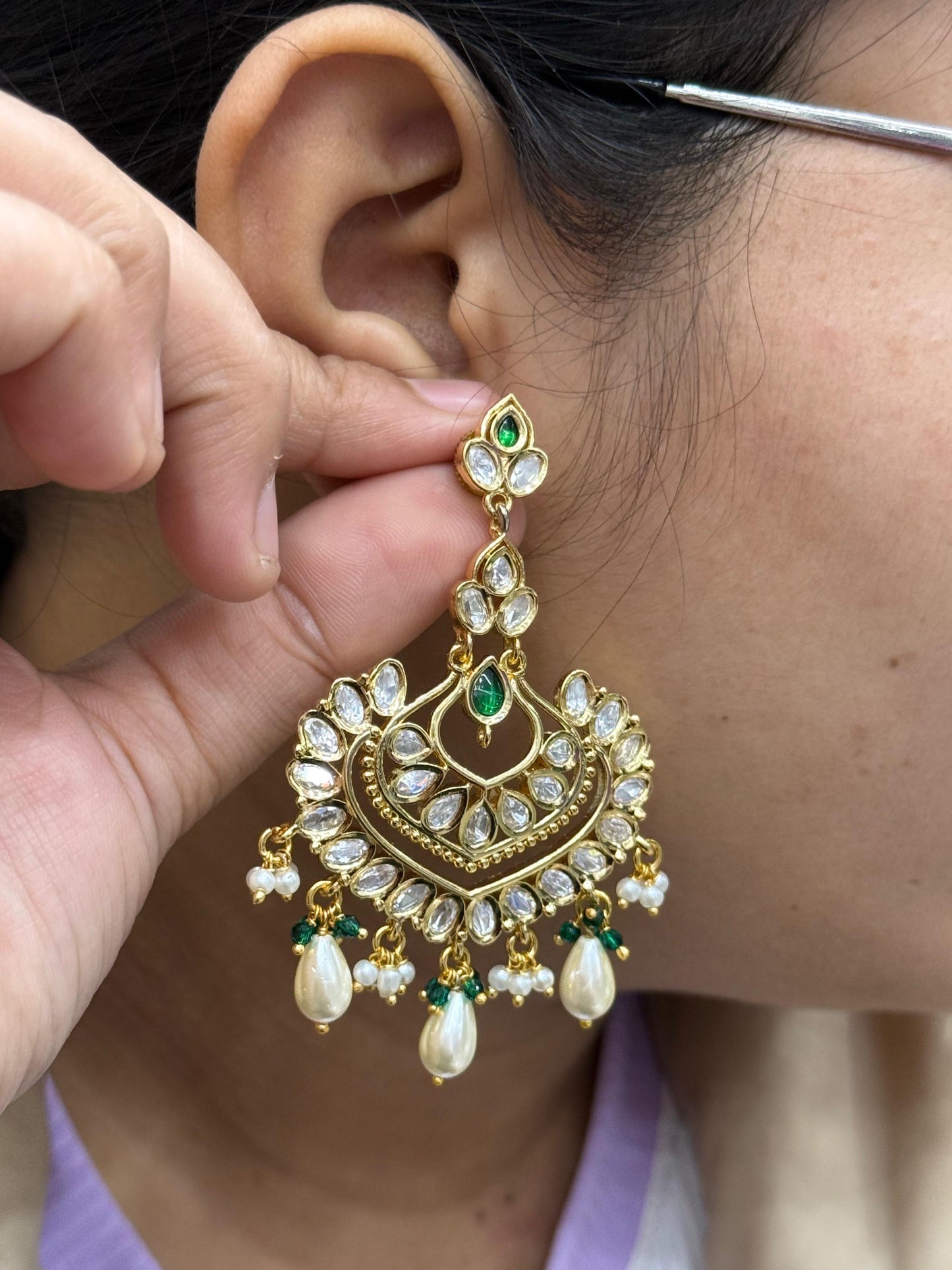 Pota Stones With Kundan Earring in green for woman