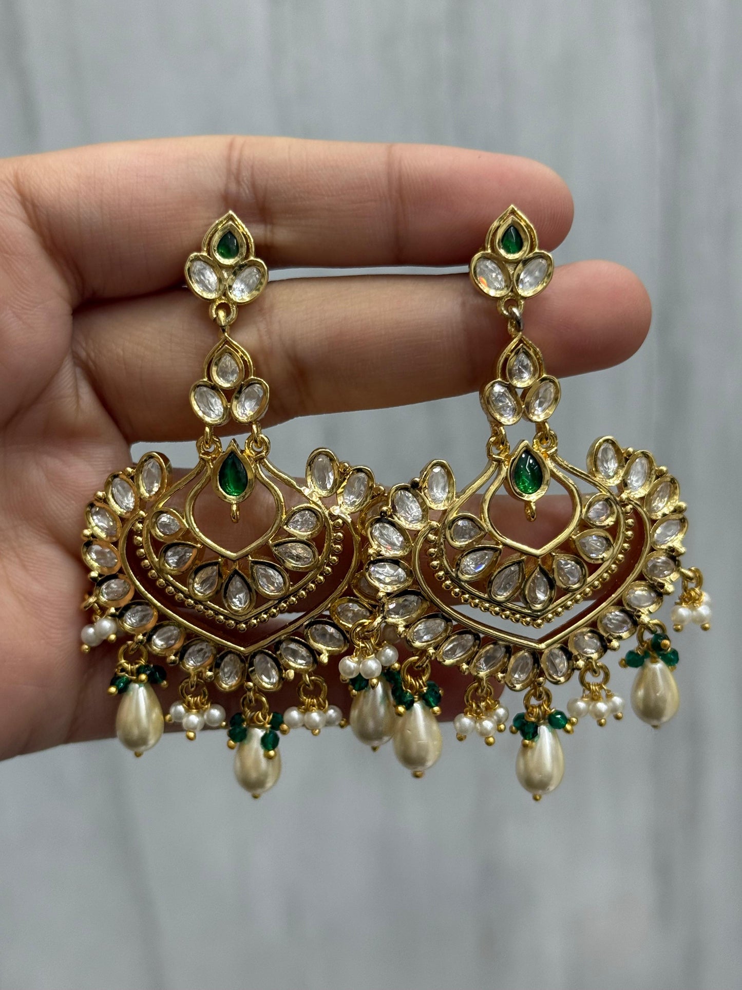 Pota Stones With Kundan Earring in green for woman