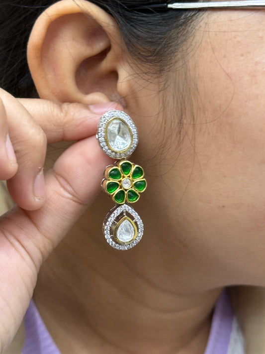 Polki With Side CZ Kundan Earrings in green for woman