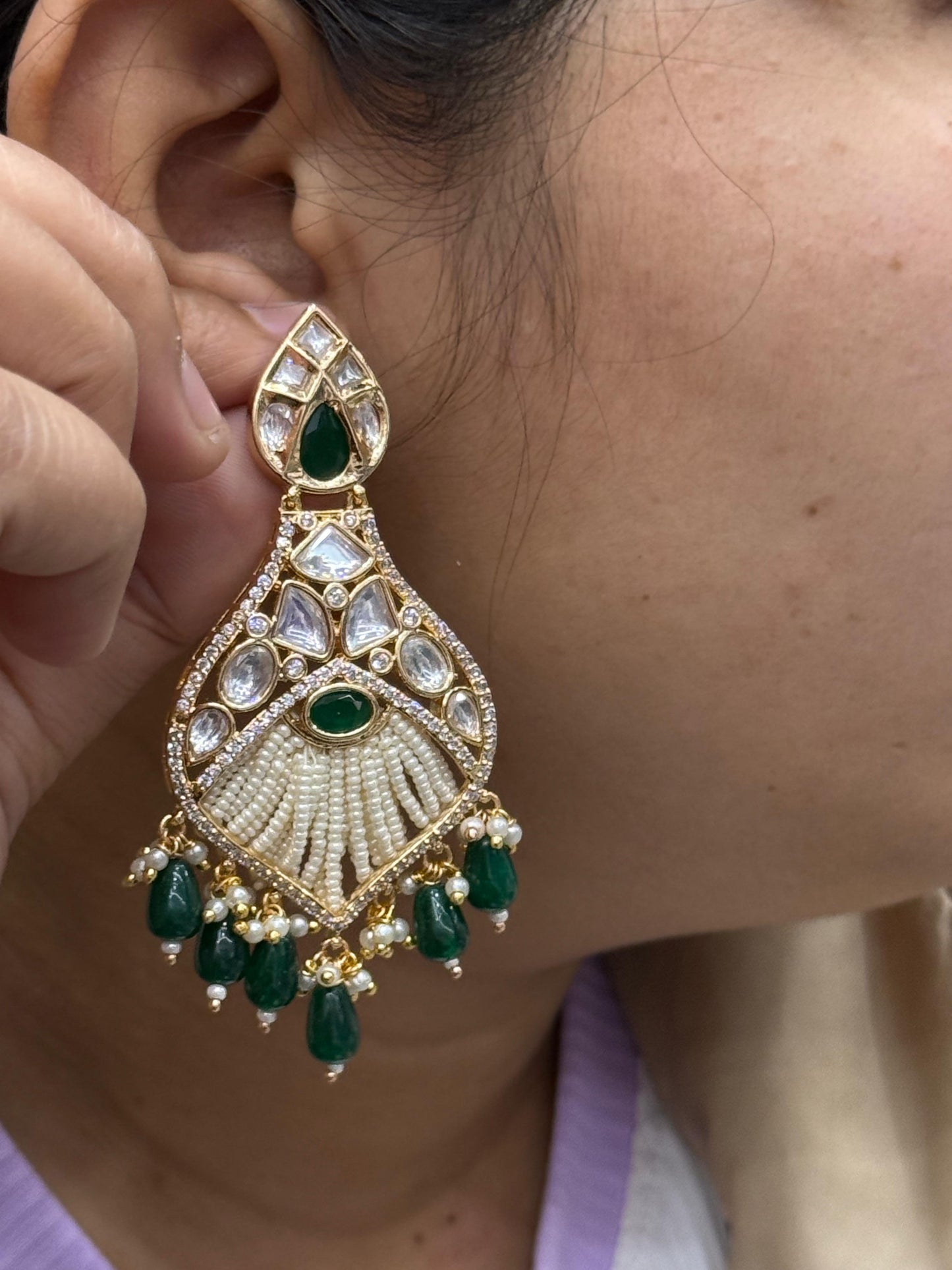 Pearl  Beading With Sunheri Kundan Earring in green for woman