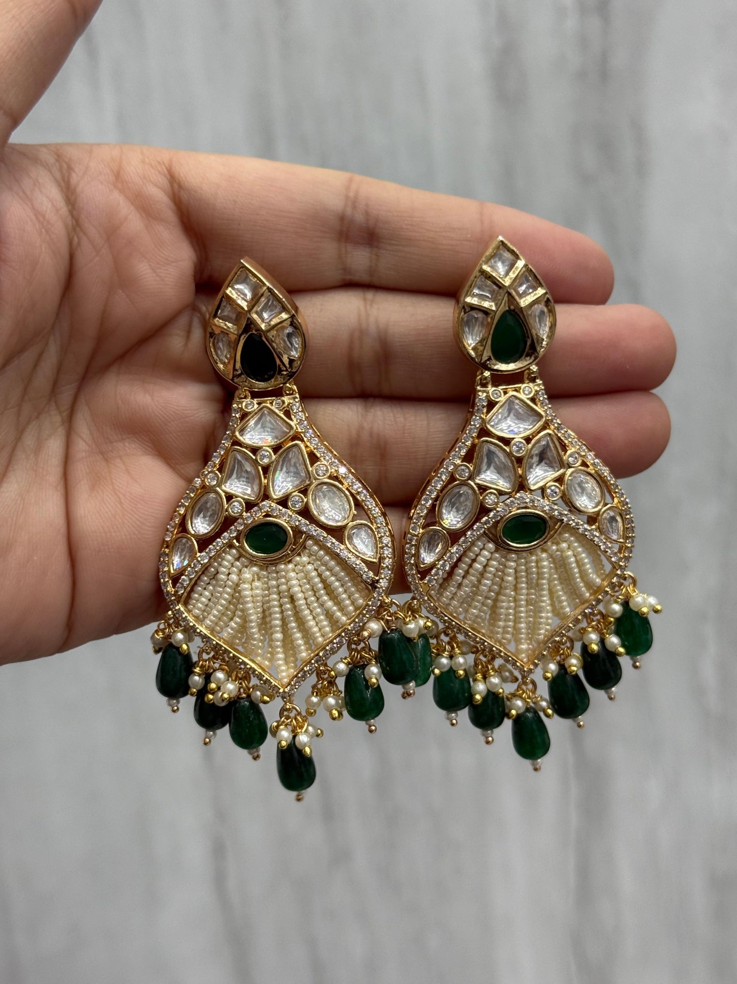 Pearl  Beading With Sunheri Kundan Earring in green for woman