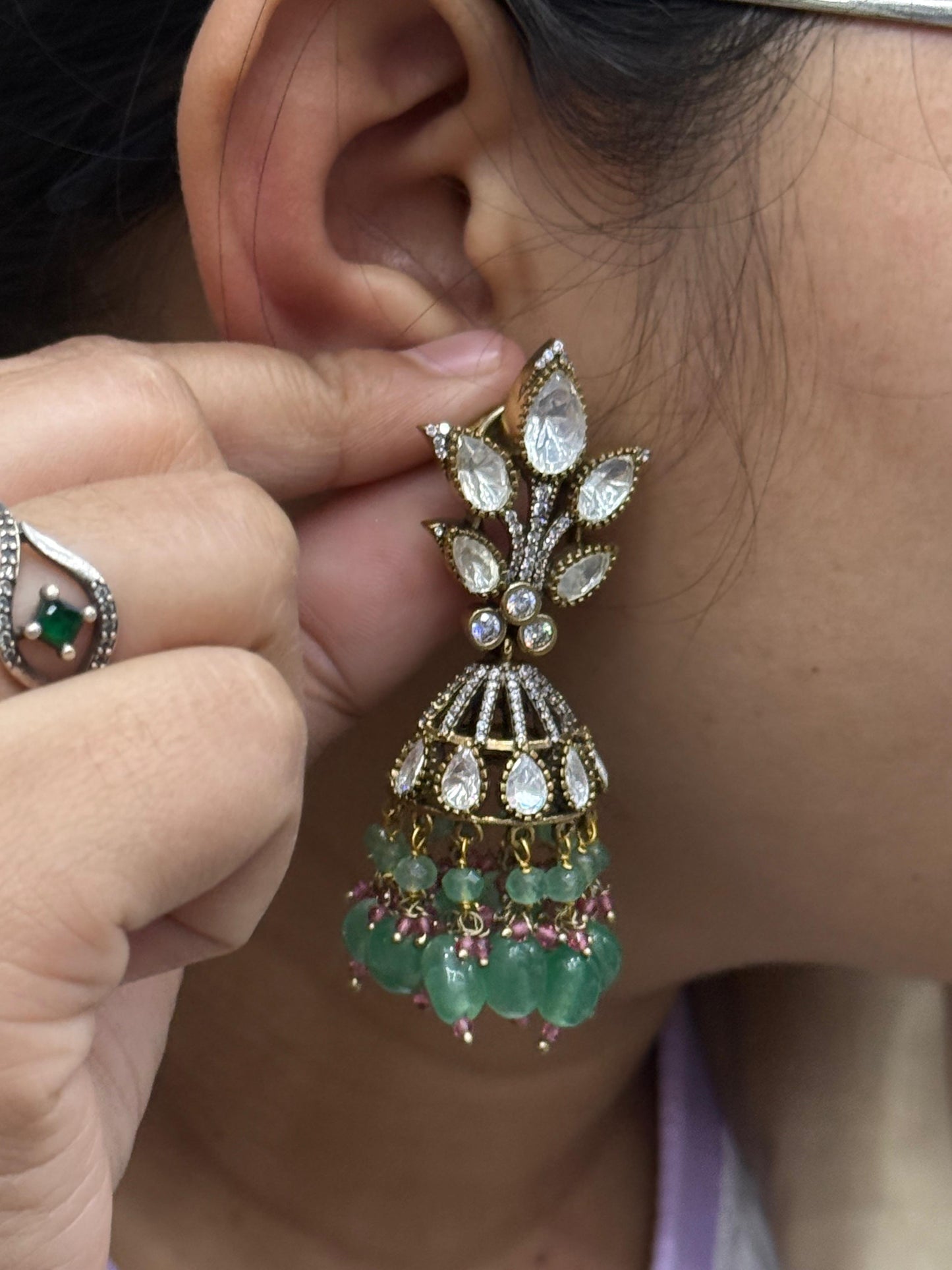 Jhumka With Mossanite And Beading in green for woman