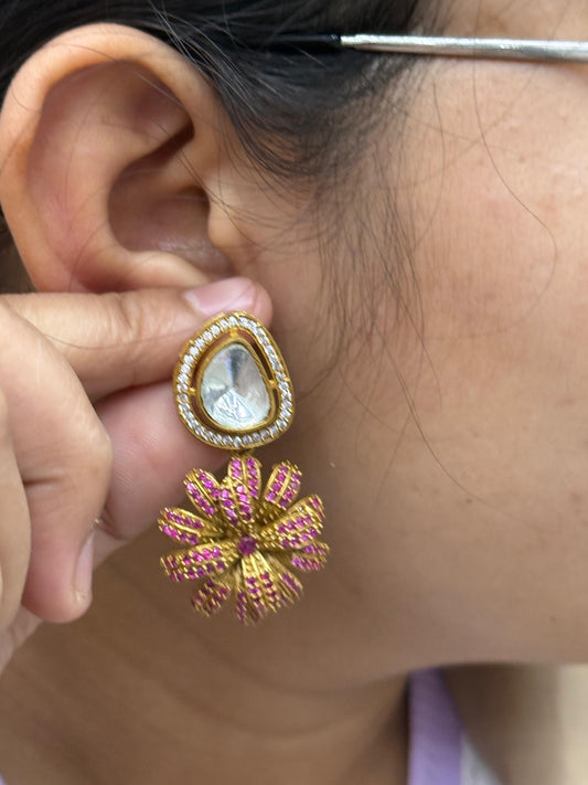 Polki Stud With CZ Flower in pink for woman