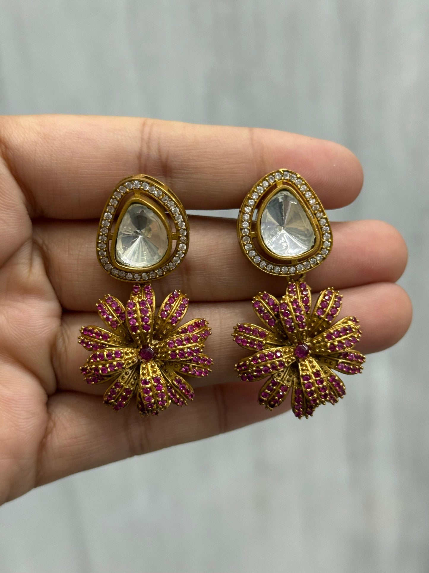 Polki Stud With CZ Flower in pink for woman