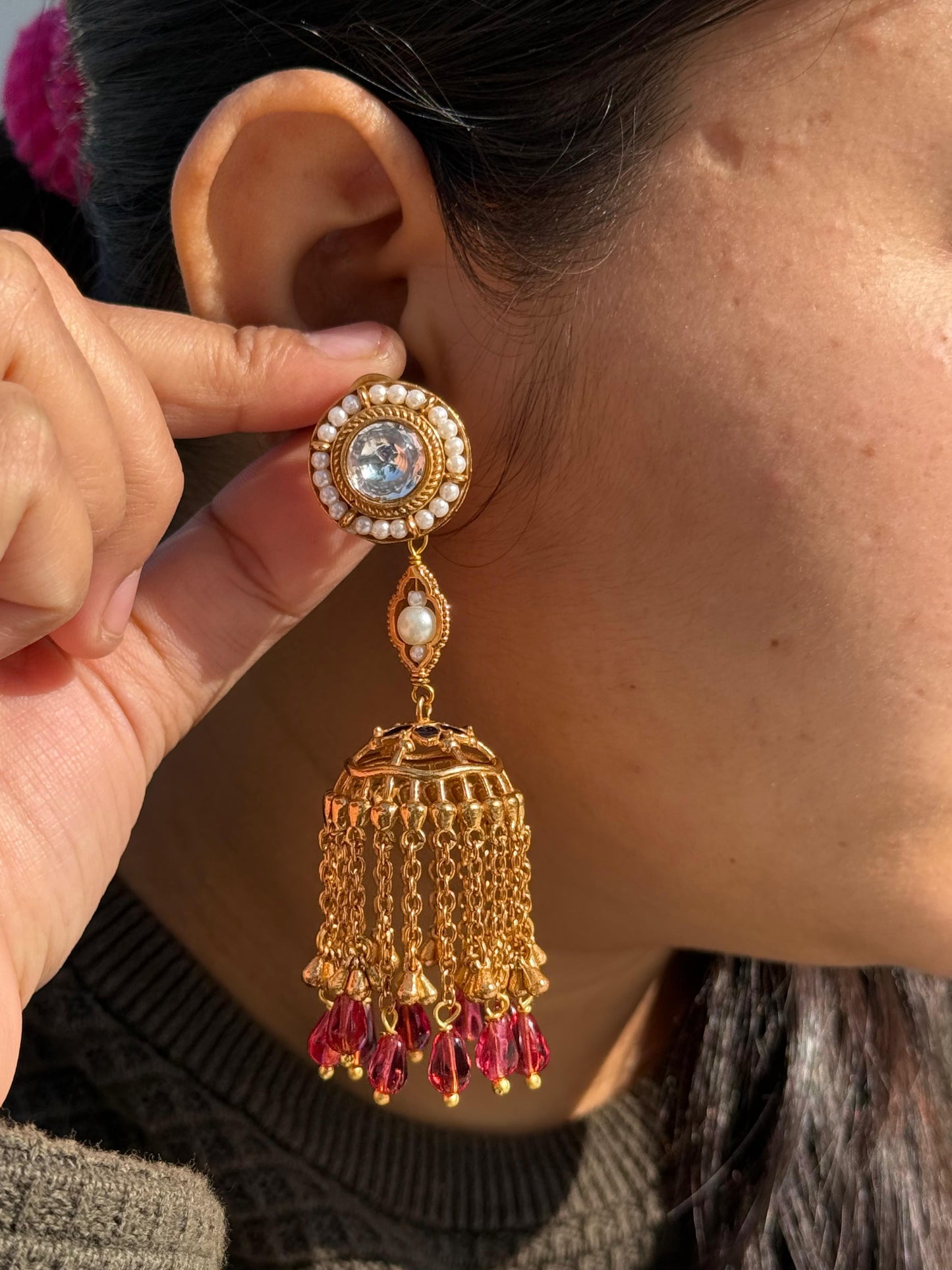 Polki With Hanging Beads Long Jhumka for woman