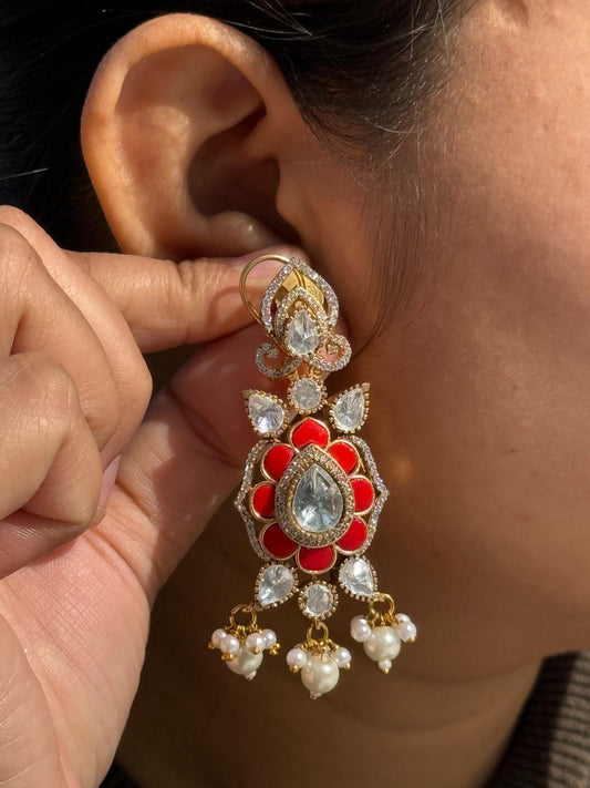 Mossanite With Coral Stone Earring for woman