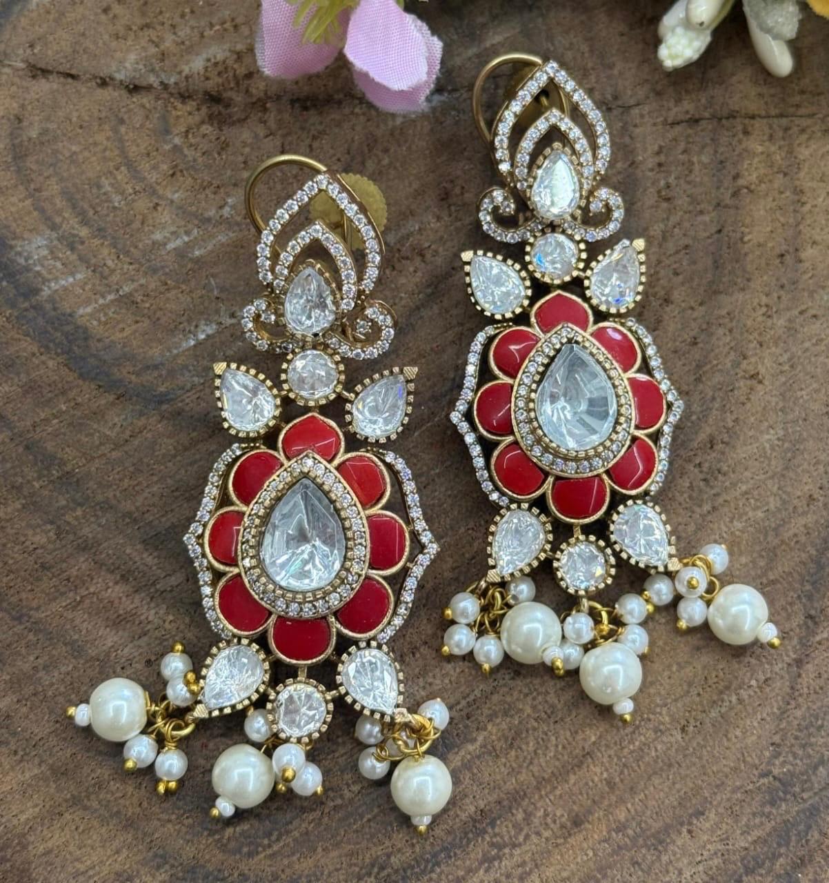 Mossanite With Coral Stone Earring for woman