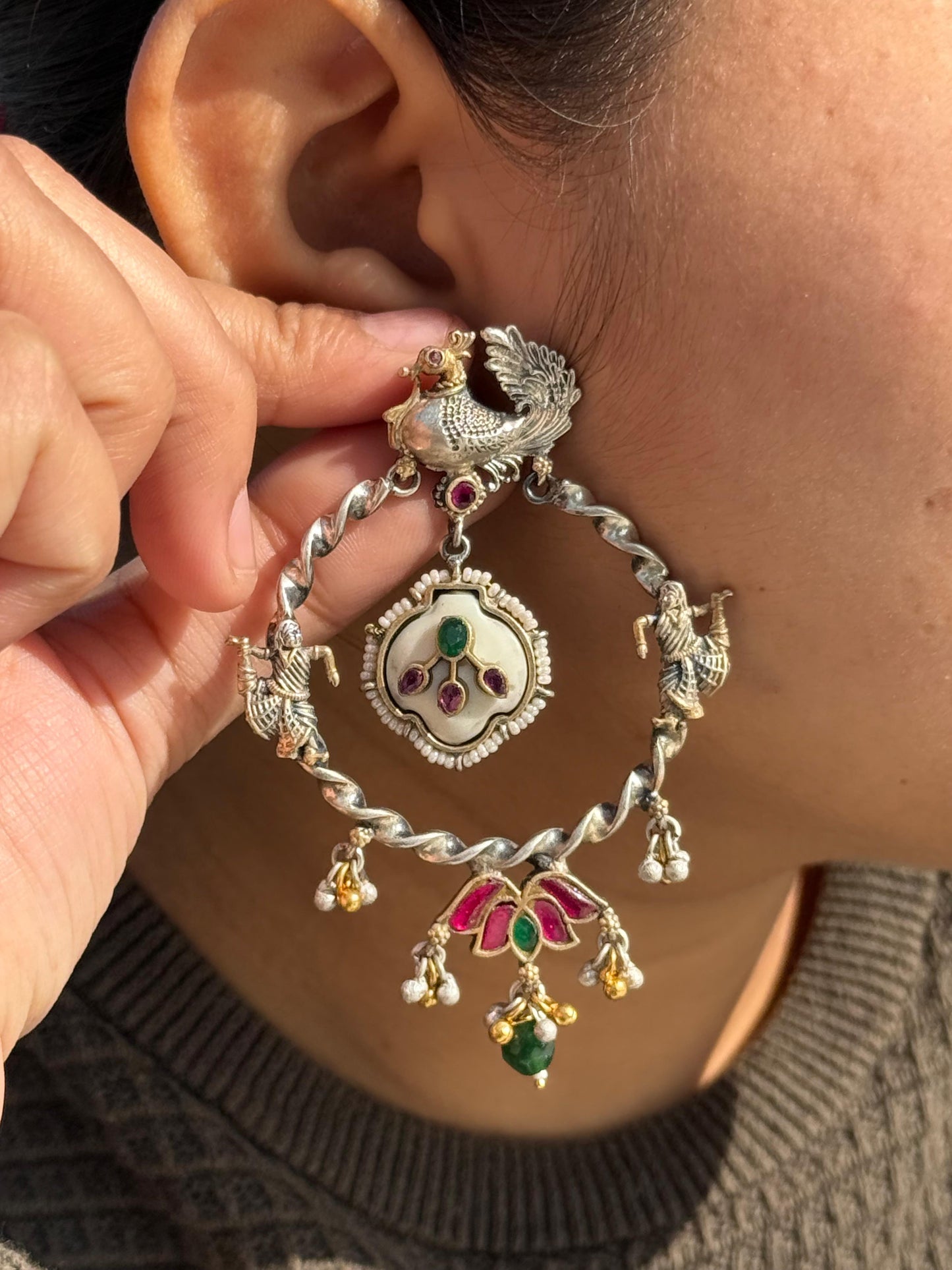 Lotus With Bird Silver Earring for woman