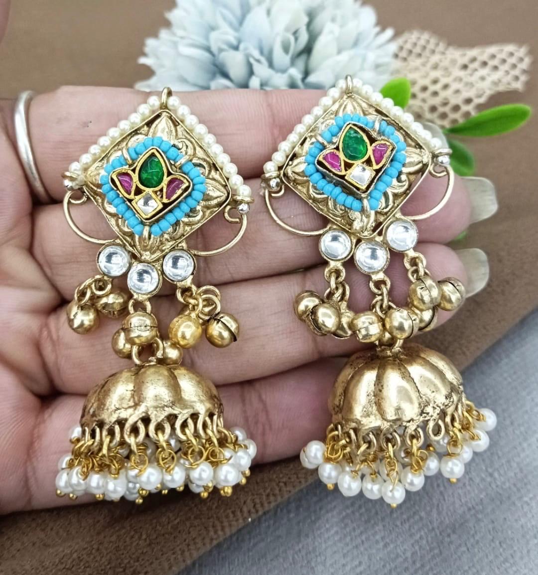 Golden Tone Jhumka With Side Beading for woman