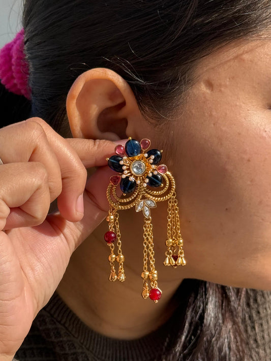 Flower With Hanging Chain With Beads Earring for woman