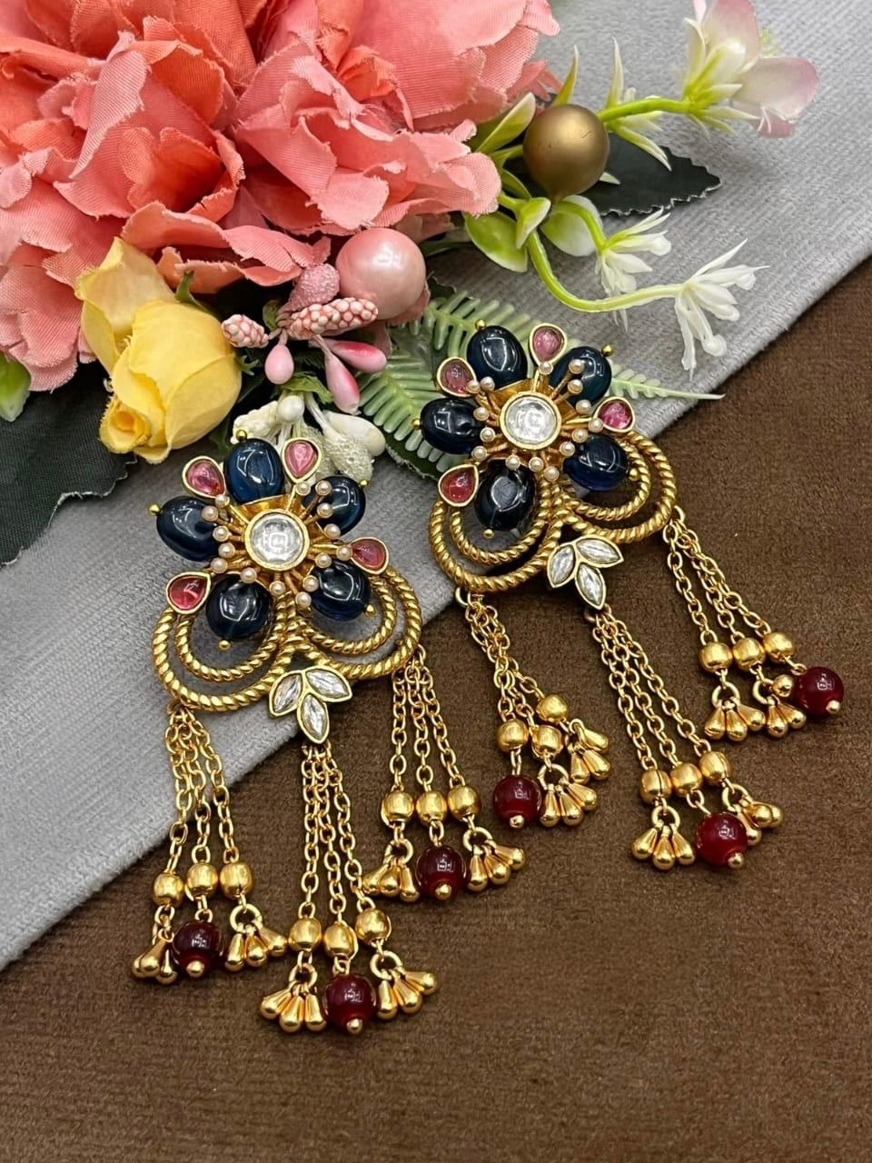 Flower With Hanging Chain With Beads Earring for woman