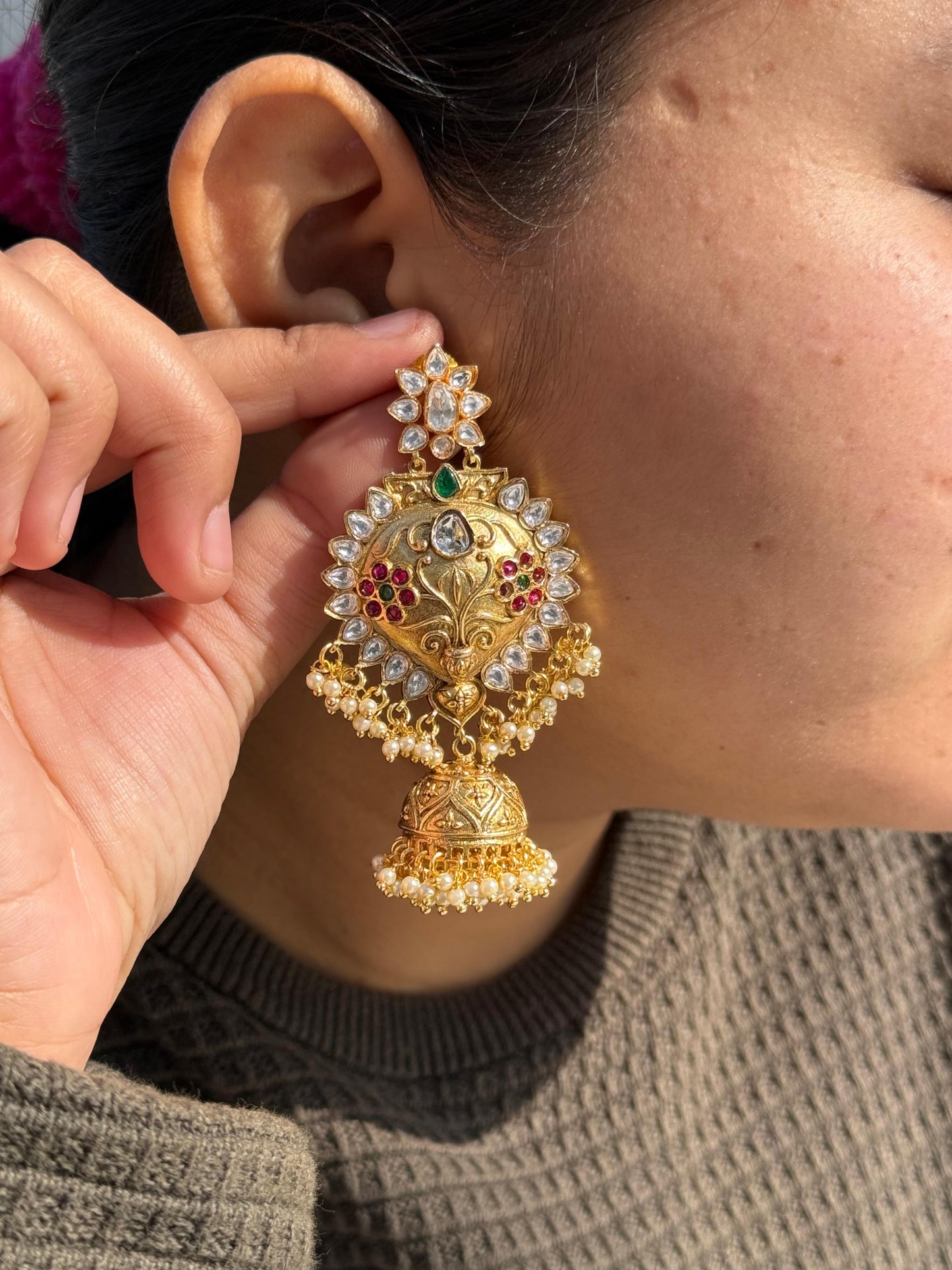 Gold With Side Polki With Jhunmka Earring for woman
