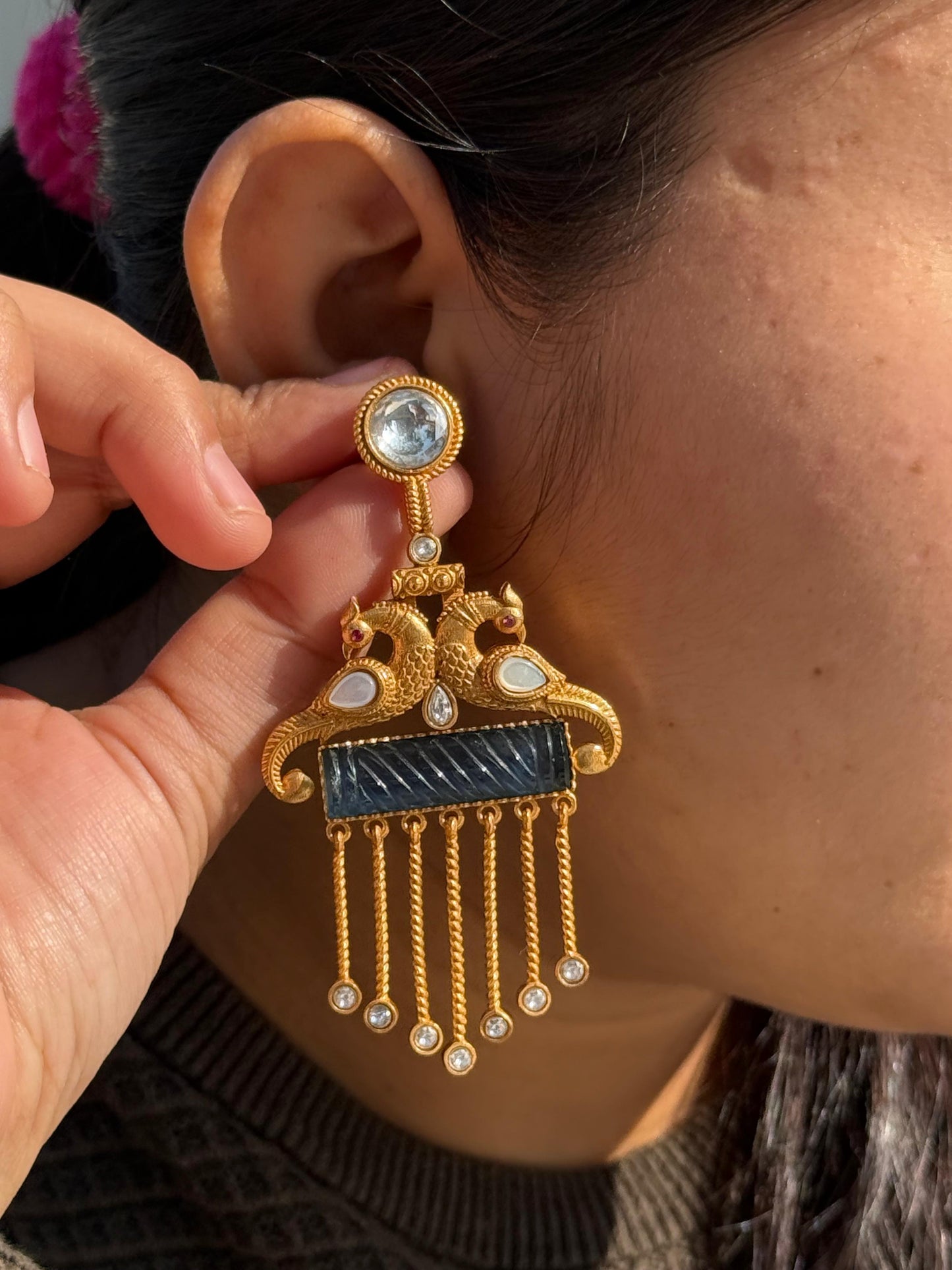 Peacock With Craved Stone Earring for woman